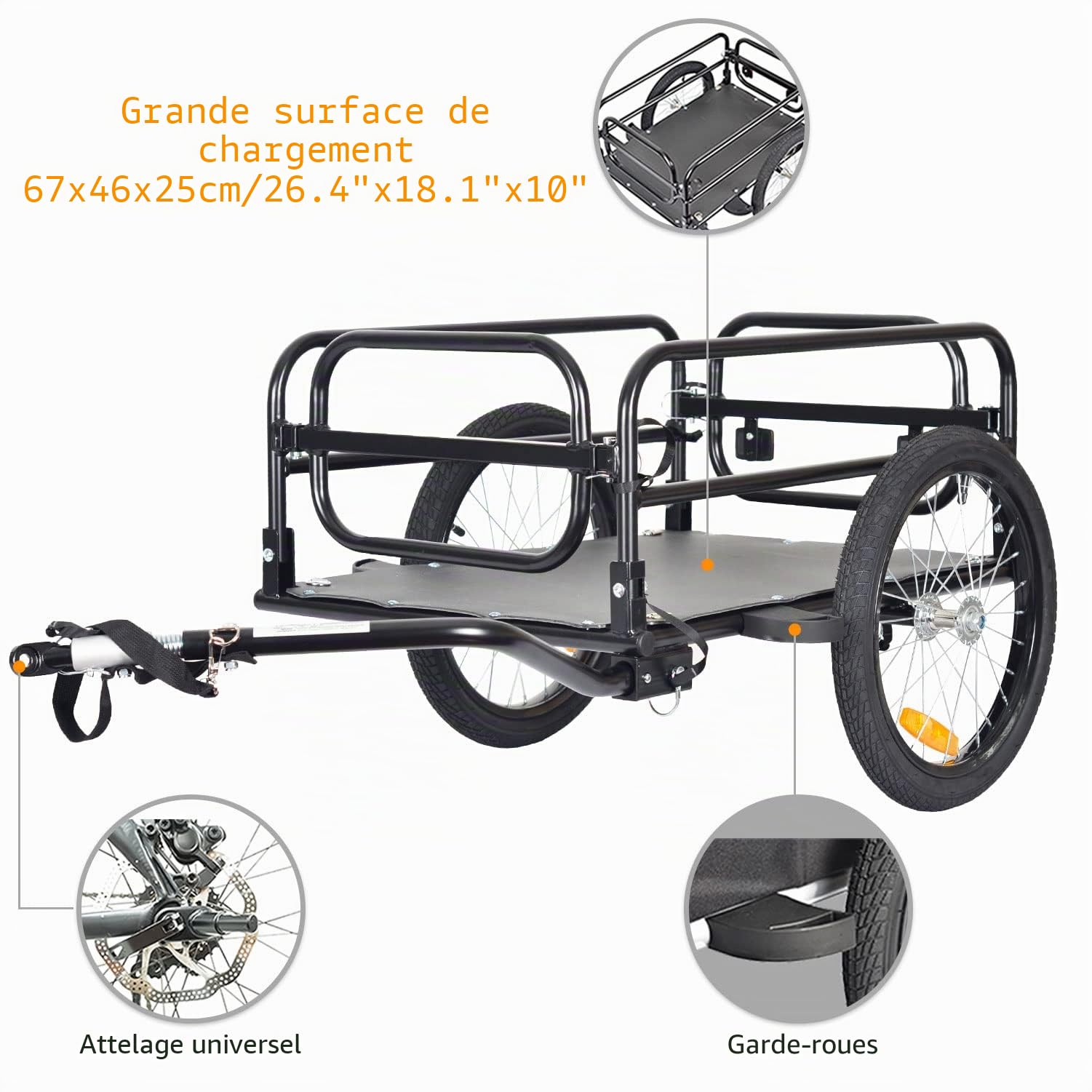 Tiggo Remorque de velo pliable - Surface de charge : 67 x 46 x 25 cm - env. 70 l / 2 boites a boissons, poids de charge : 40 kg
