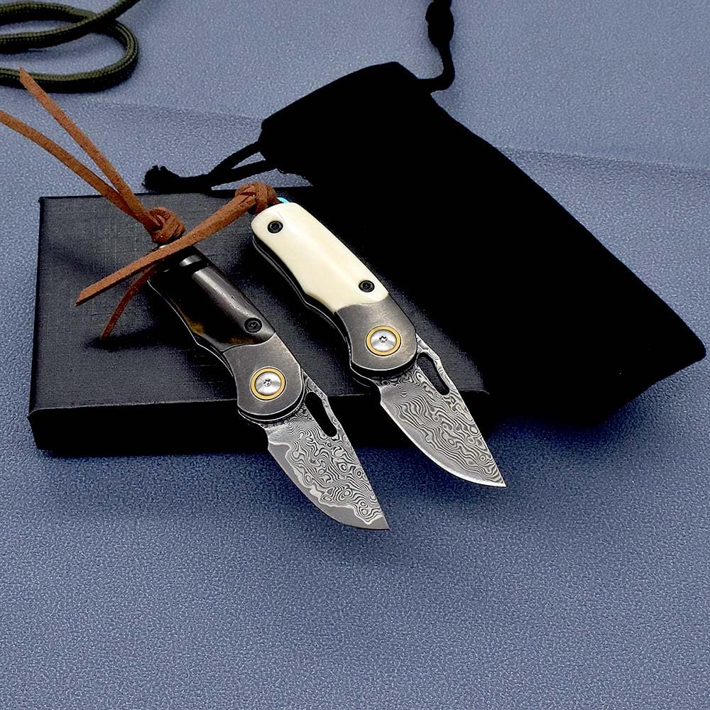 Klappmesser 3.7" Klein Damast Taschenmesser aus Rinderknochen Damaszener Damaststahl, edc messer outdoor scharfe einhandmesser, Damaskus Geschmiedet Stahl Messer Survival Jagdmesser, mini neck knife