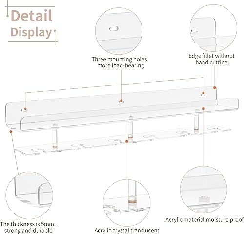 Miniatura 3 de Hexsonhoma Soporte para copas de vino transparente de 24 pulgadas, 2 unidades, estante acrílico de pared con soporte extraíble para vasos, estantes
