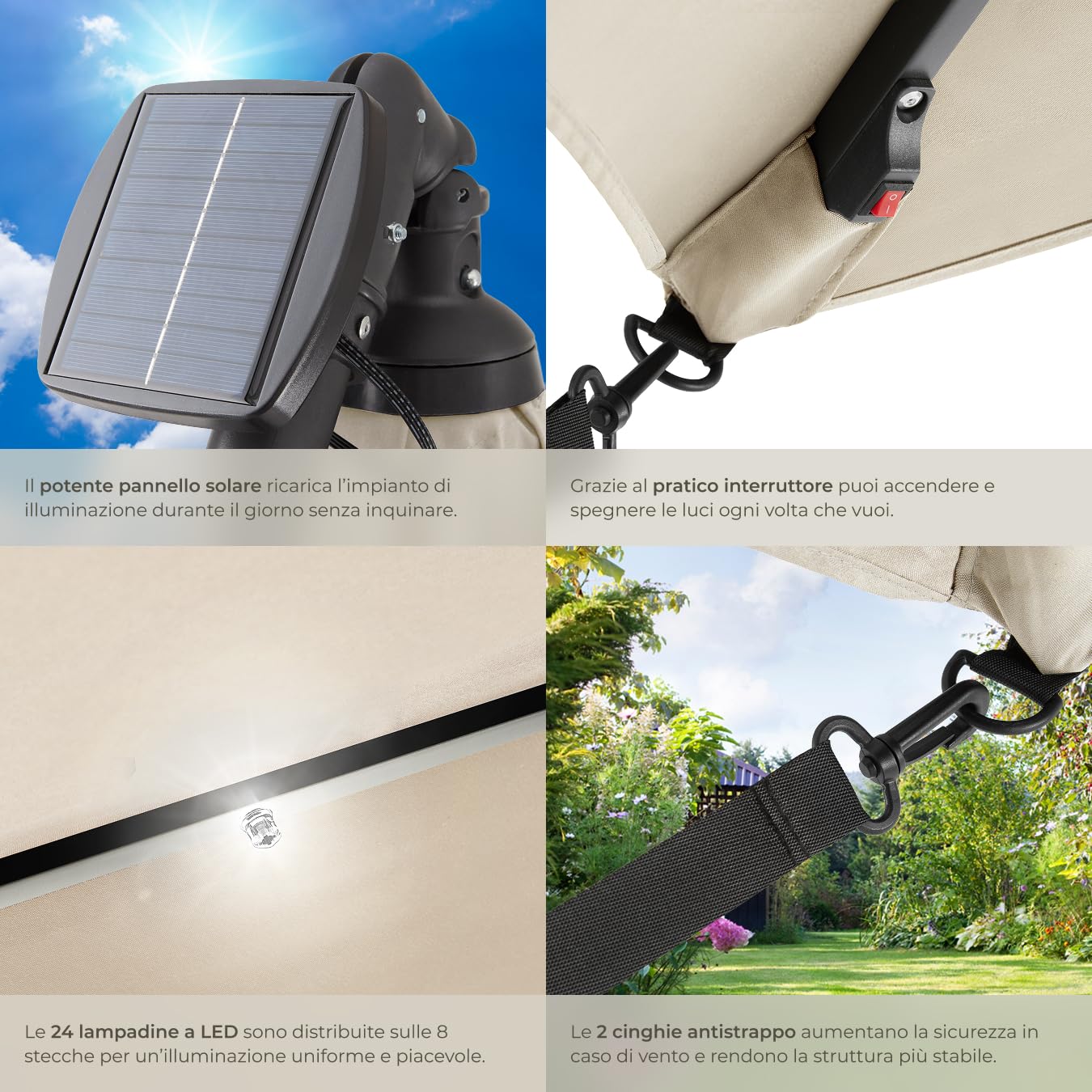 tectake® Ombrellone da Giardino Sunna, 2,5x2,5m, LED ad Energia Solare, Inclinazione Regolabile, Manovella, Custodia Protettiva, Stabile contro Vento, Arredo Giardino