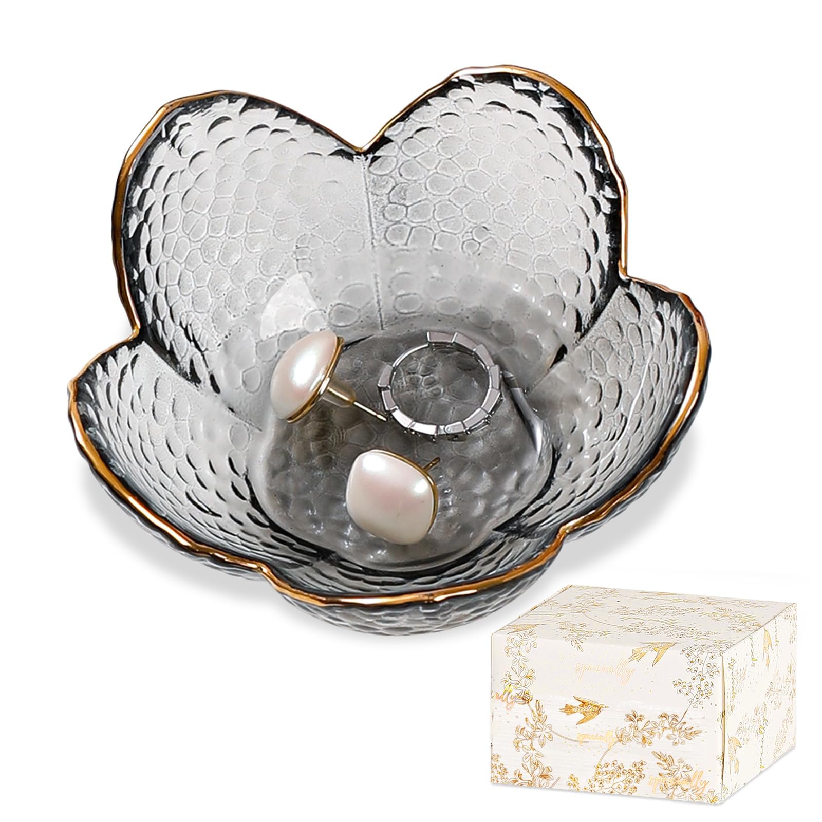 Portagioie In Vetro Floreale Rosa, Vassoio Porta Gioielli Regalo Per Donna, Decorazione Da Toeletta Per Anelli E Orecchini - 3
