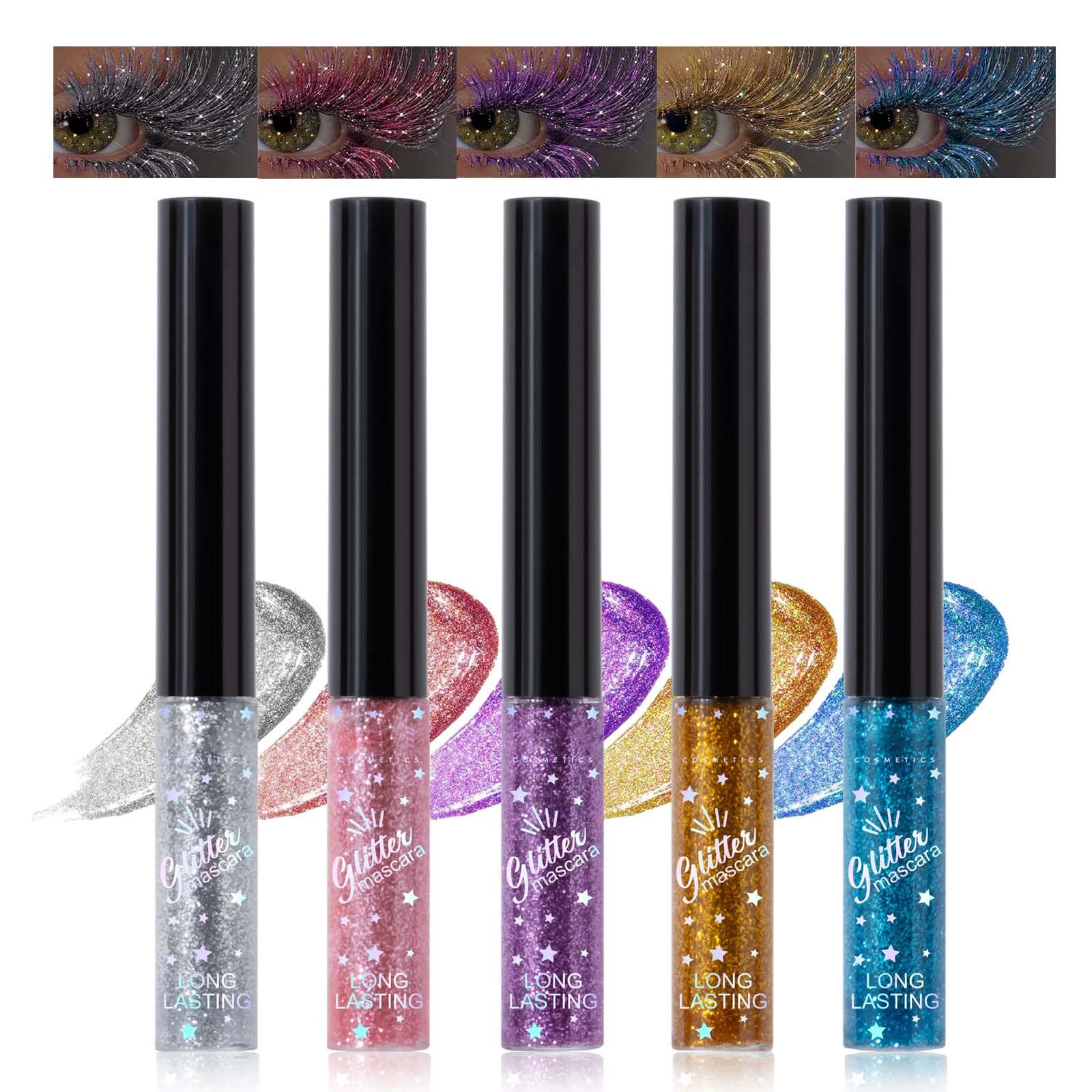 Glitter Mascara Volume and Length,Waterproof Sparkle Mascara for Eyelashes,Voluminous Curl,Anti-Sweat,No Blooming Colored Charming Long Lasting for Eyelash Eye Makeup