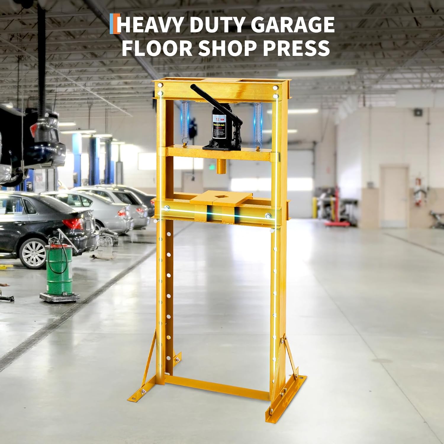 Garvee 12 Ton Hydraulic Shop Press, Heavy Duty H-Frame Floor Bearing Press with Steel Plates & Adjustable Bed, for Garage Bending, Bearing, U-Joint, Metalworking (Yellow)