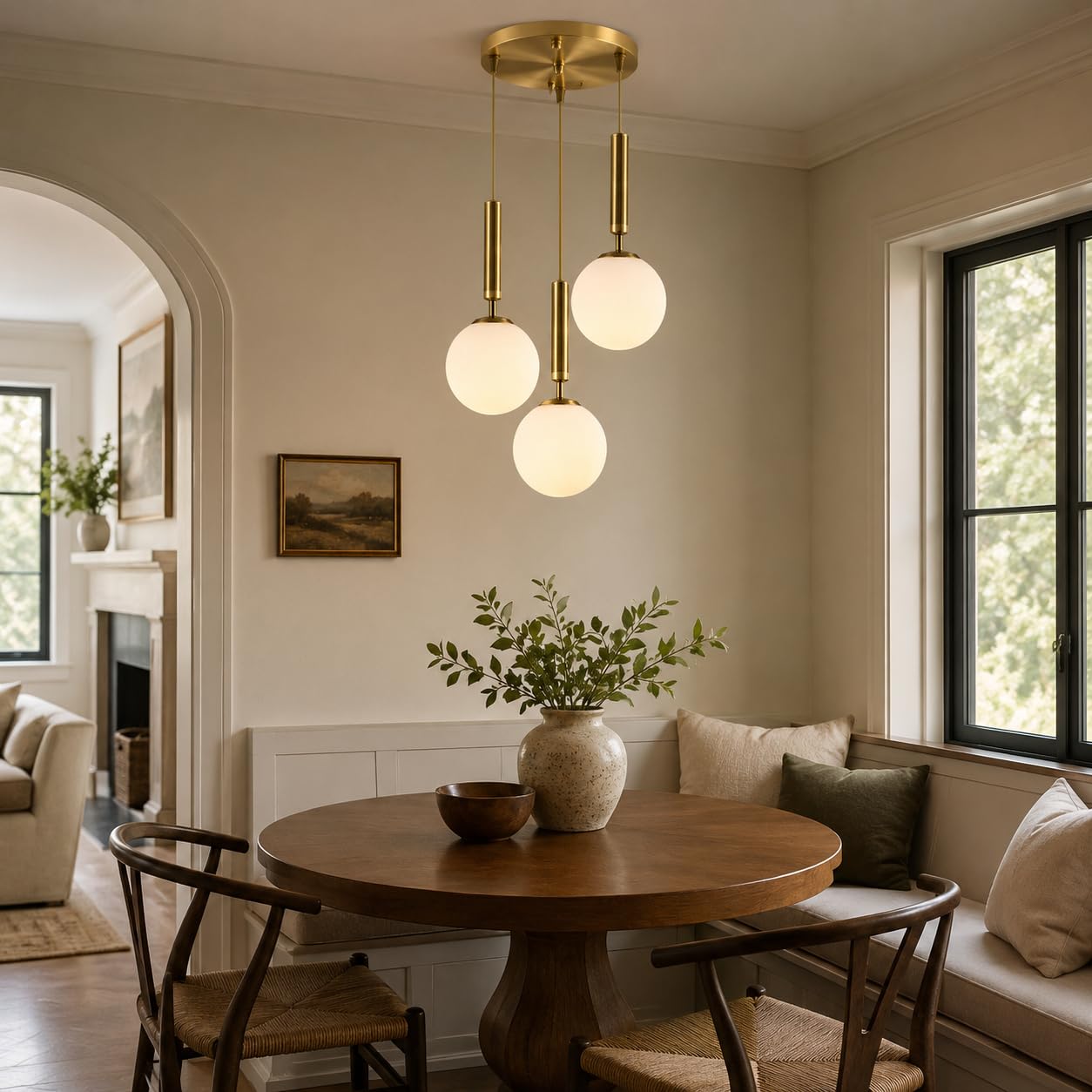 KCO Iluminación colgante de 3 luces, lámpara colgante de globo dorado de mediados de siglo, lámpara de araña grande de cristal blanco leche, moderna iluminación colgante de cocina para sala de estar y
