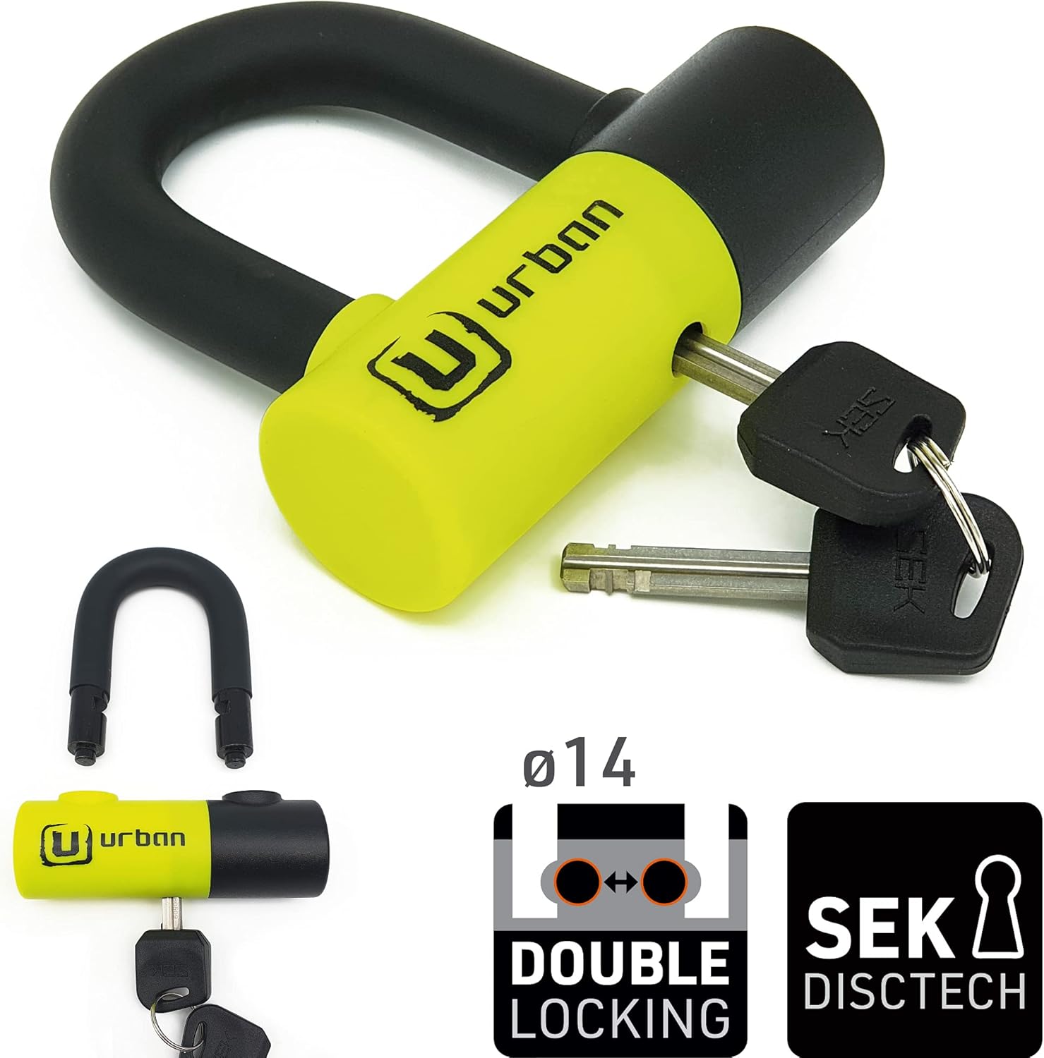 URBAN UR59K100 Anti-Theft Motorcycle High Security Chain Special Hardened Steel 13.5 mm and Solid Padlock Mini U 14 mm, for Motorcycle Scooter and E-Bike, 100 cm, Black/Yellow