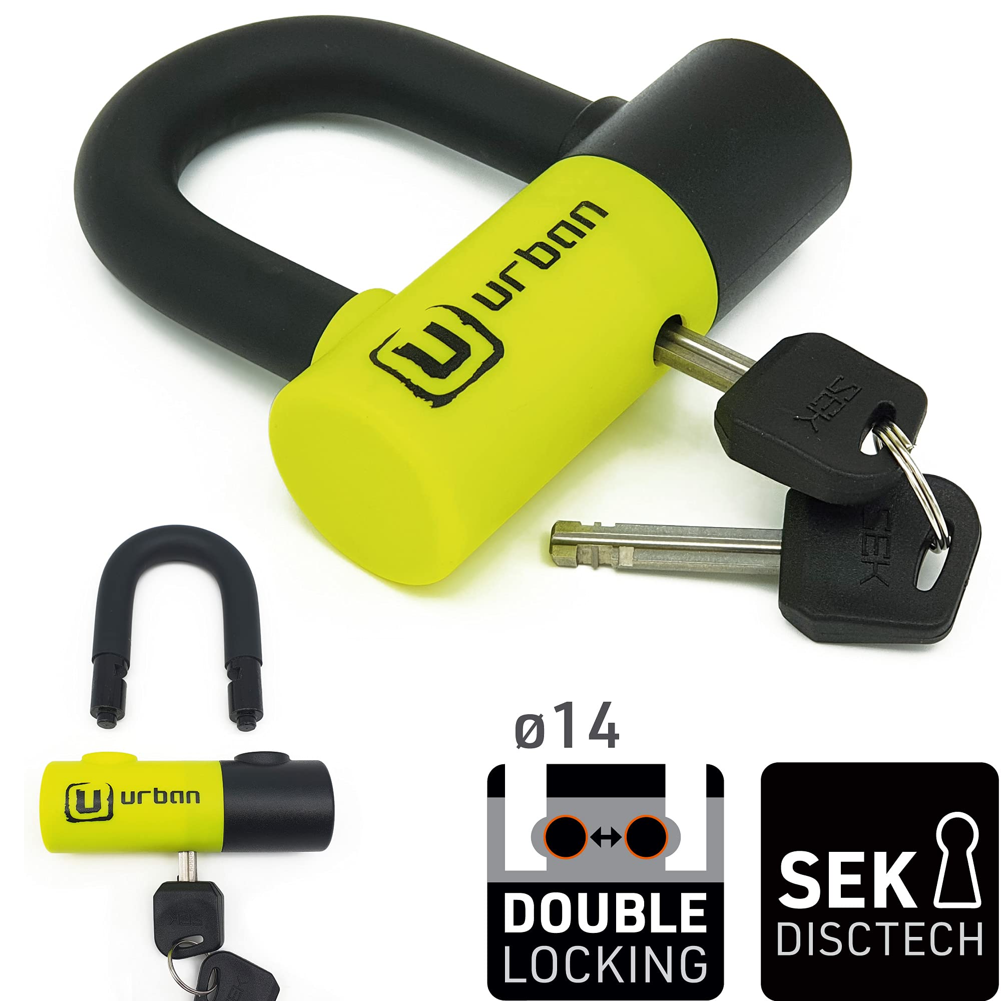 URBAN UR59K100 Antivol moto chaîne haute sécurité en acier spécial durci de 13,5 mm et solide cadenas mini U 14 mm, pour moto, scooter et vélo électrique, 100 cm, noir/jaune