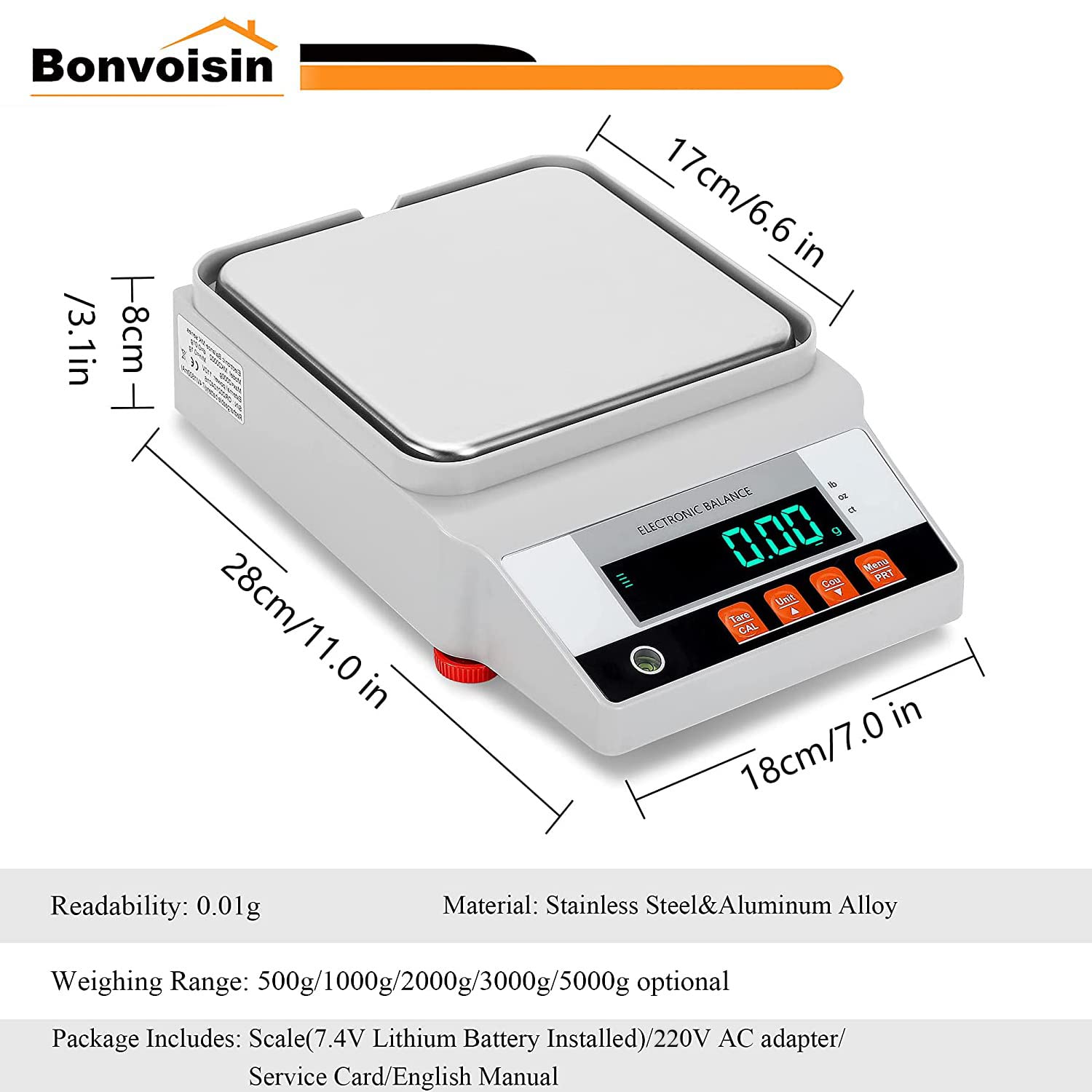Bonvoisin Balanza de laboratorio 5000gx0.01g Digital Precision Scale con interfaz RS 232 Científica de Laboratorio Balanza de Equilibrio Analítico Electrónico Balanza de Joyería Báscula de Cocina