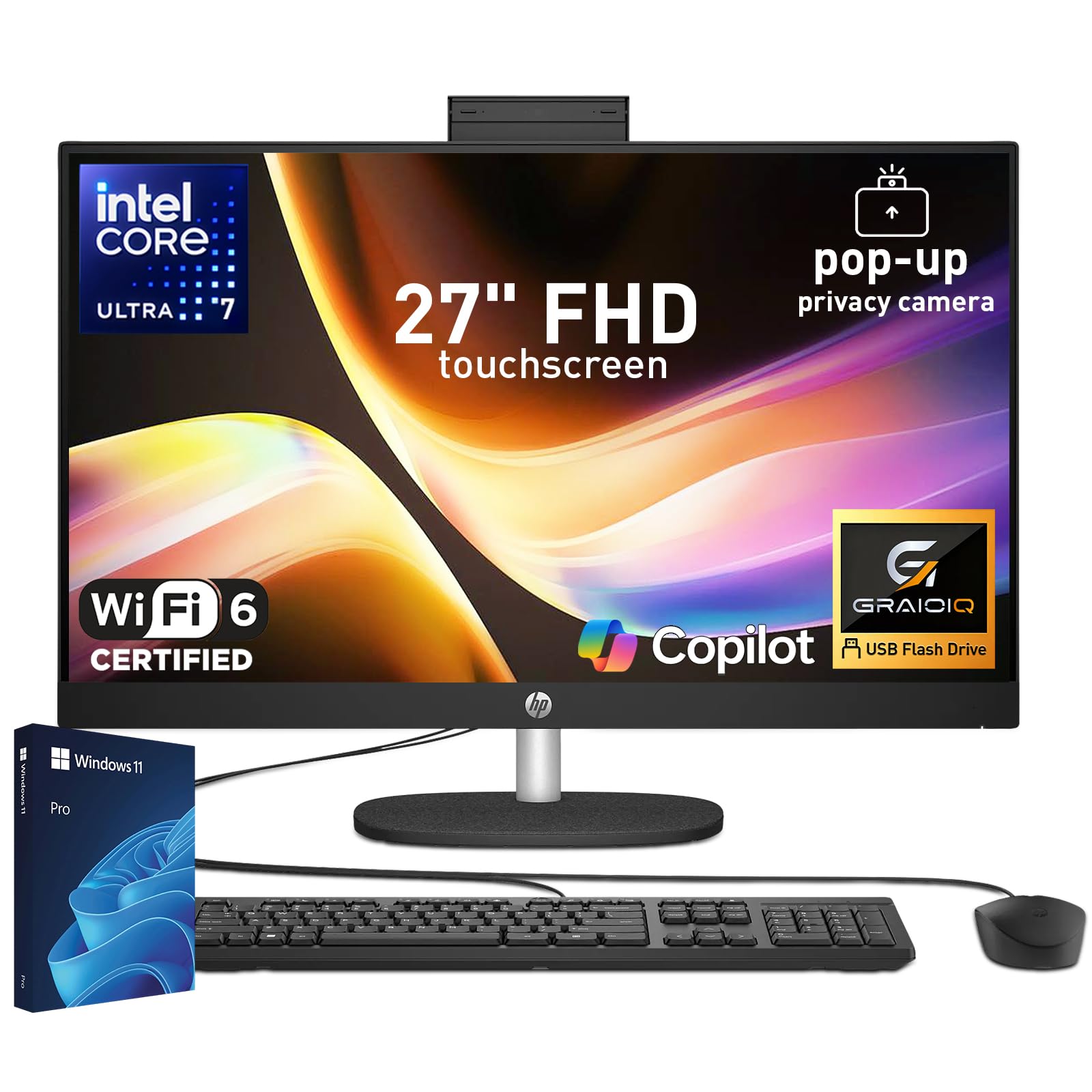 HP Essential 27" FHD Touchscreen All-in-One, Intel Ultra 7 255U, 64GB DDR5 + 2TB SSD, Wi-Fi 6, Privacy Camera, Wired Keyboard and Mouse, Copilot AI, RJ-45, Win 11 Pro