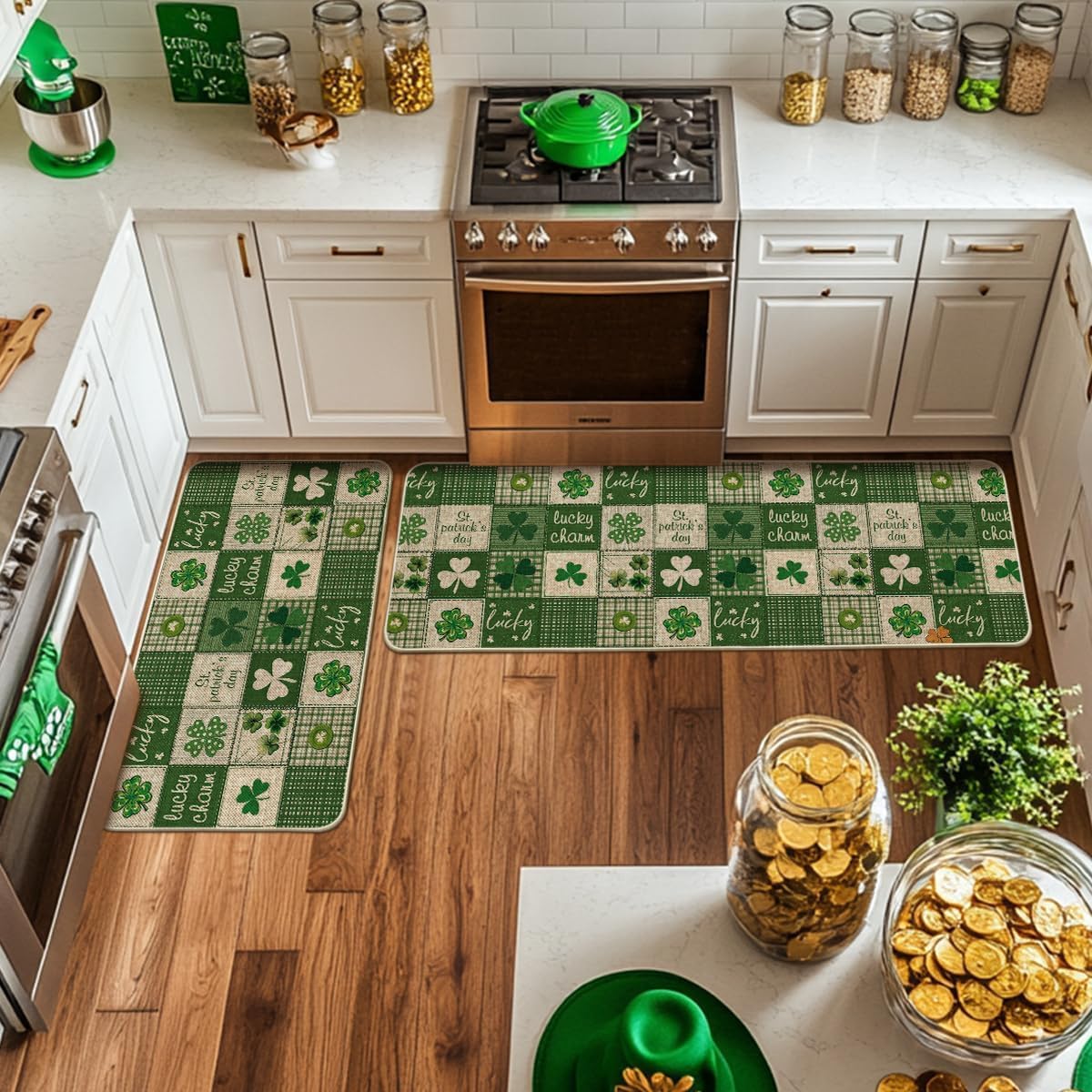 Artoid Mode Plaid Shamrock Lucky Charm St. Patrick's Day Kitchen Mats Set of 2, Home Decor Low-Profile Kitchen Rugs for Floor - 17x29 and 17x47 Inch
