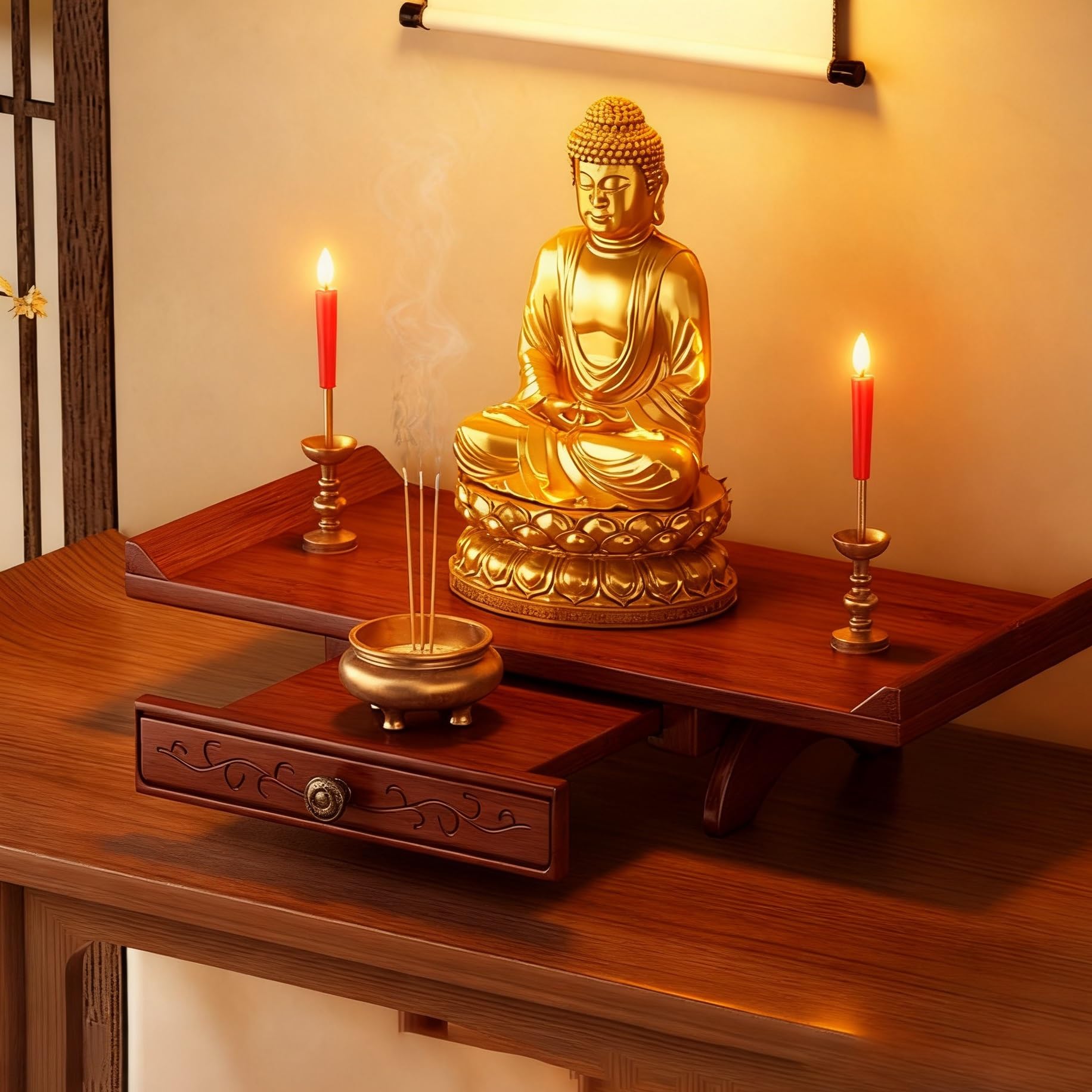 Étagère D'autel Bouddhiste Avec Étagère Coulissante, À Fixer Au Mur Ou À Poser Sur Un Bureau Support Pour Statue Bouddha Autel Table Méditation Meuble D'autel Pour Prière(DESKTOP,50CM/19.68")