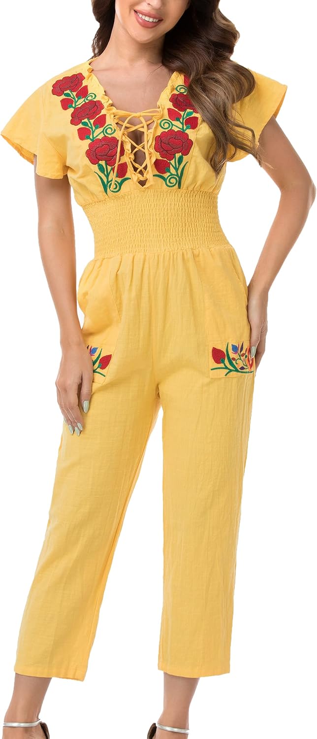 YZXDORWJ Women's Mexican Floral Embroidered Jumpsuits Casual Lace Short Sleeves Pants with Two Pockets - Image 3