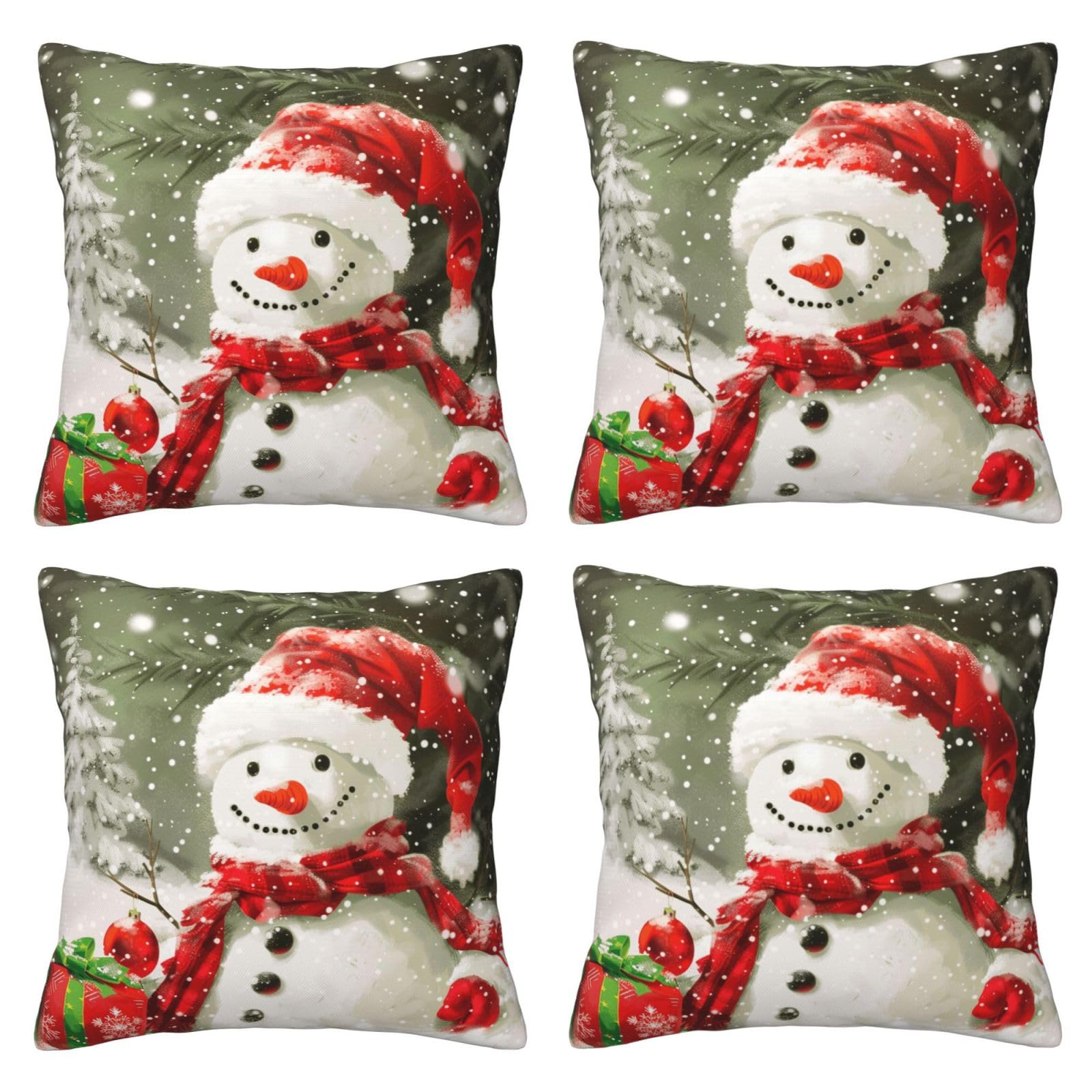Merry Christmas With Happy Snowman Throw Pillow Cases 4 Pack Square Pillowcases Super Soft Pillow Protectors With Zipper for Couch Livingroom Sofa Bed Office Car,30x30 CM