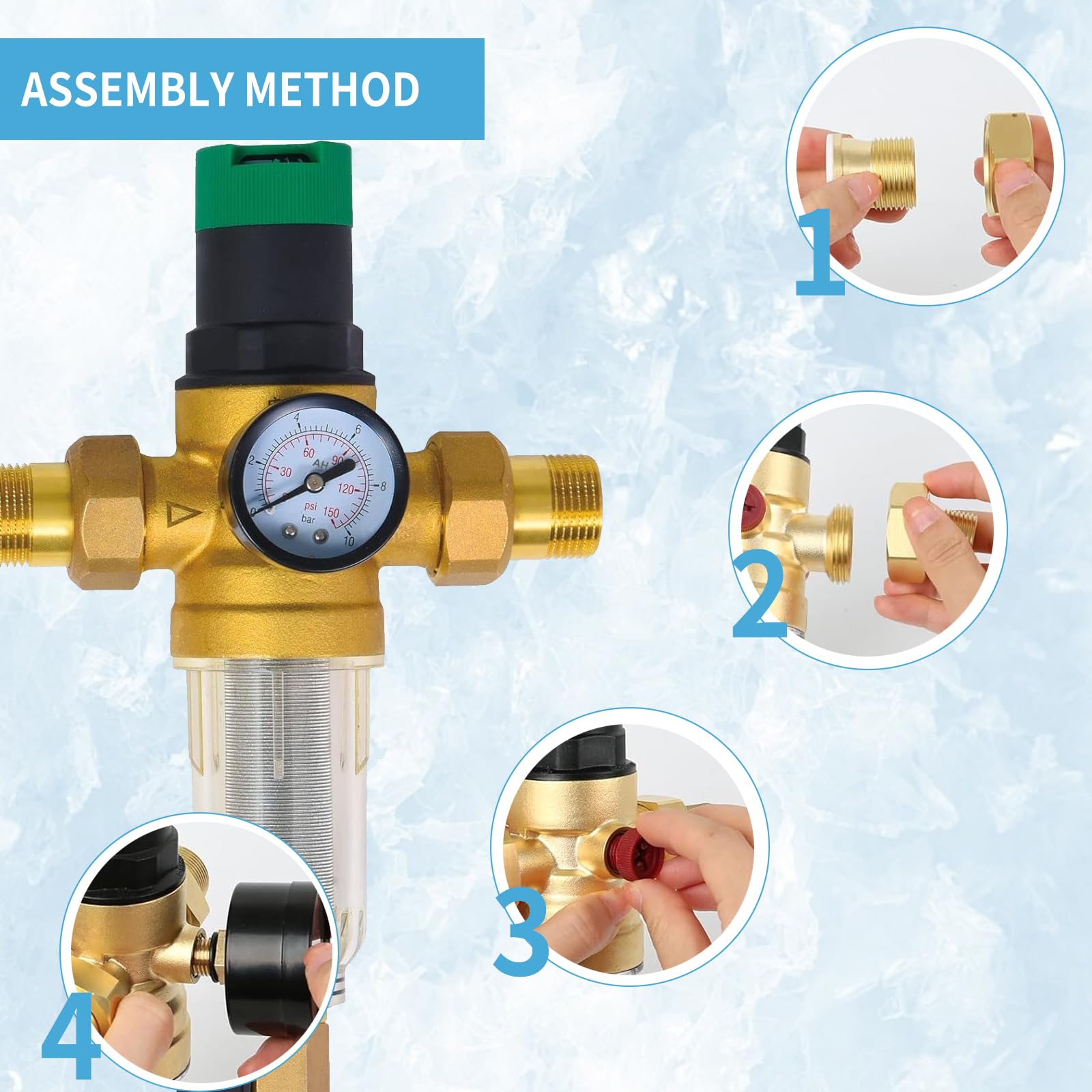 Reducteur de Pression Eau 3/4 Pouce, DN 20 Régulateur de Pression d'eau en Laiton Limiteur de Pression Eau avec Manomètre et Filtre à Tamis en Acier 316 pour Filtrer Les Impuretés Dans L'eau