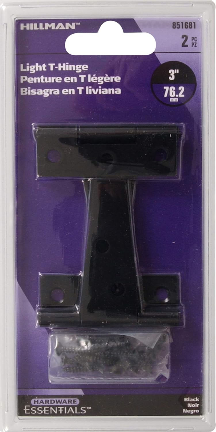 Hillman Hardware Essentials Light T-Hinge, Black Finish, 3 Inch, 2-Pack 851681