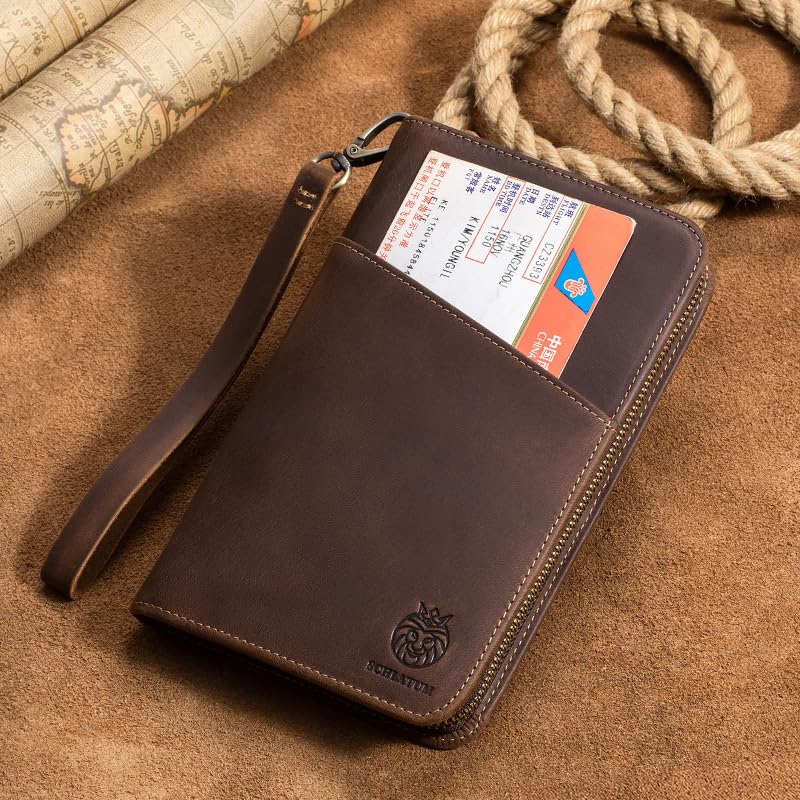 Image of Passport Holder for Travel Family with Strap Genuine Leather RFID Blocking Travel Document Organizer Wallet with Pen Holder, Brown