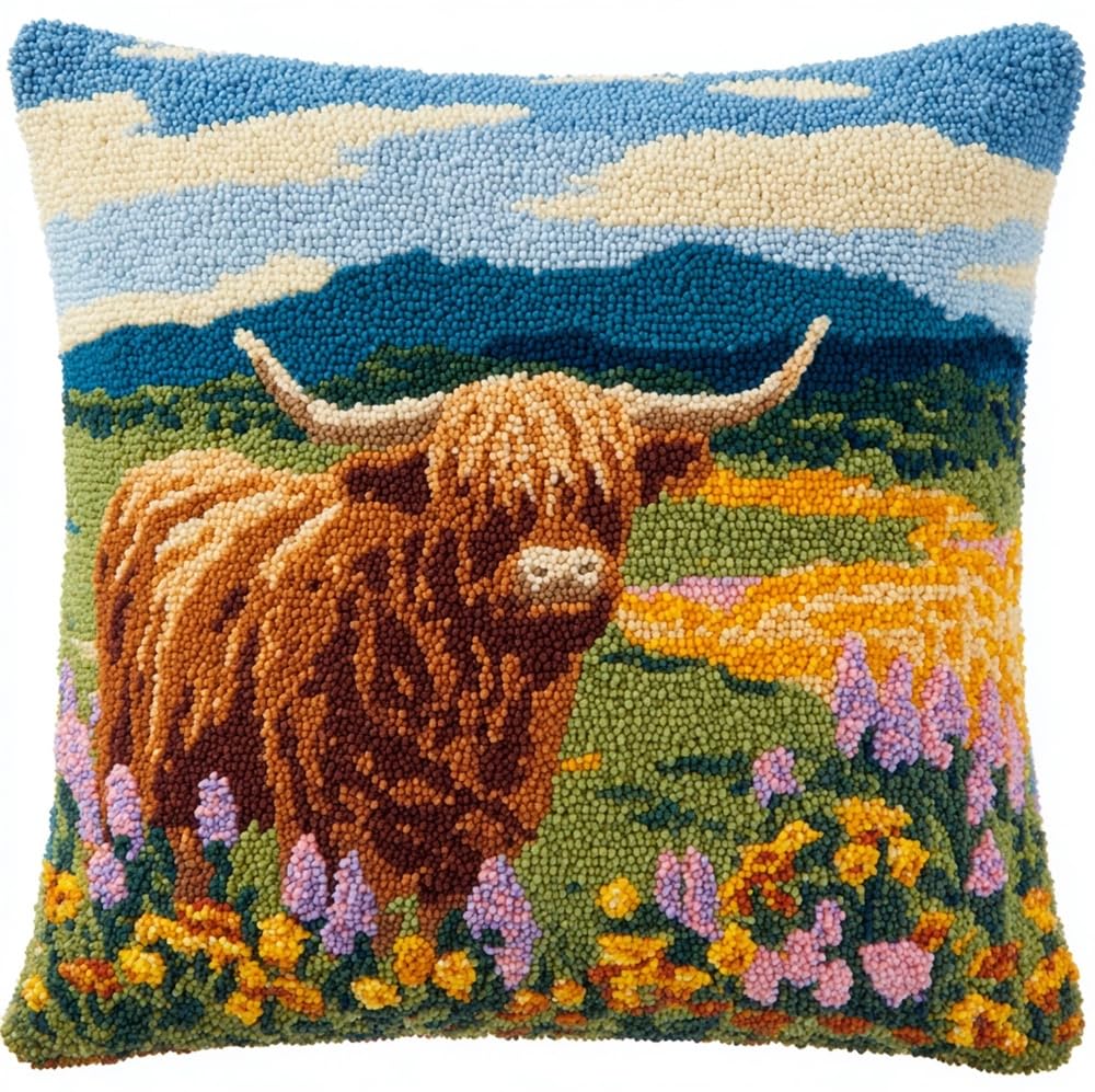 kitphoenix Latch Hook Kits Make Your Own Cushion,Highland Cattle Amidst A F