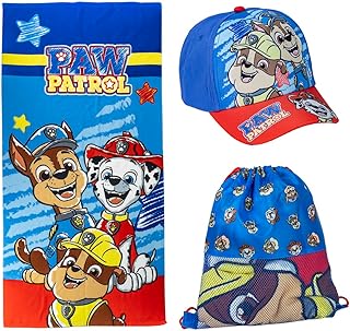 Set Infantil de La Patrulla Canina - Color Azul y Rojo - Incluye Saquito de Tela, Toalla y Gorra - Estampado de Marshall, Chase y Rubble - Ideal para el Verano - Producto Original Diseñado en España