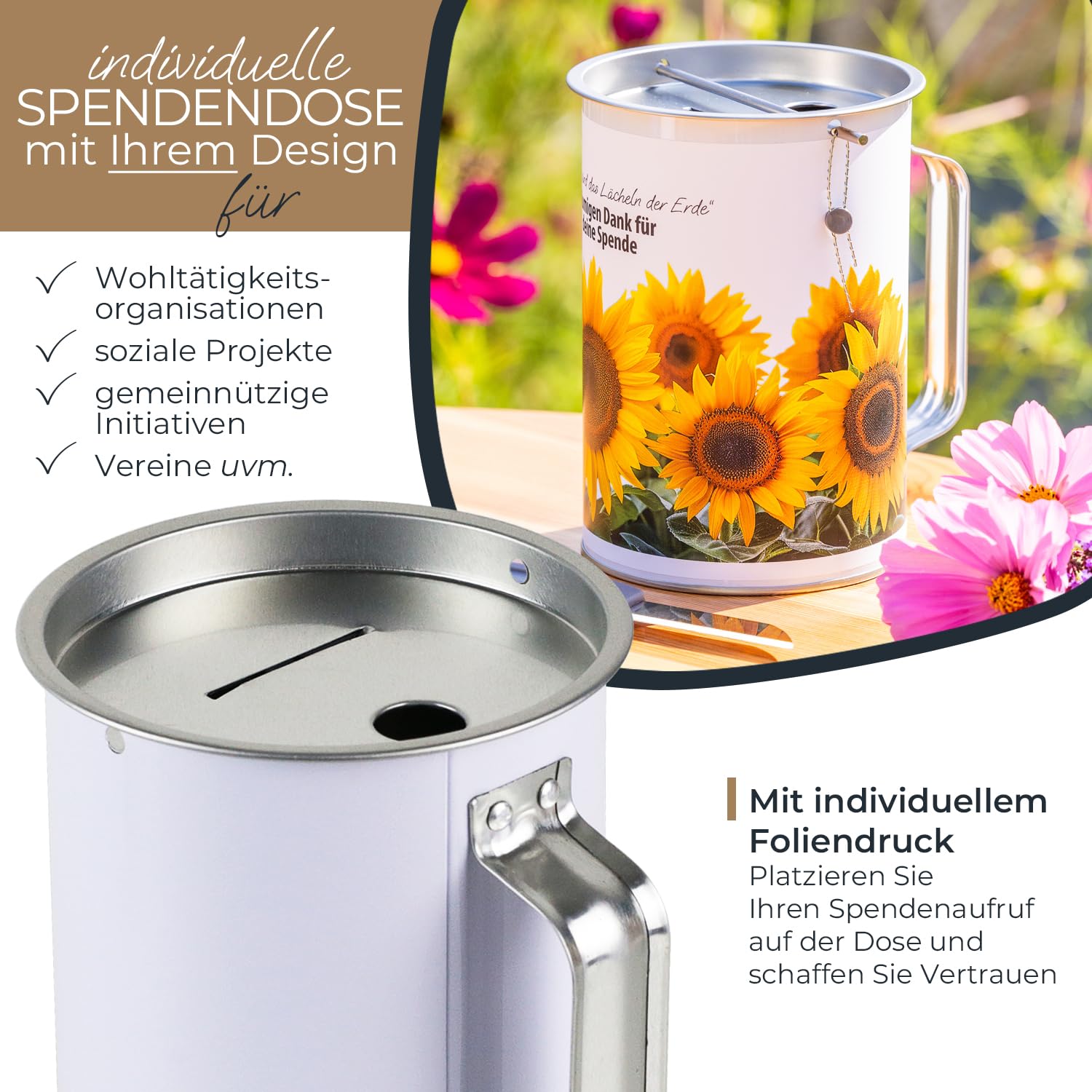 HMF Spendendose mit Griff individuell Bedruckt für Vereine und gemeinnützige Organisationen, Spendenbox aus Blech mit Münzschlitz und Scheineinwurf für Geldspenden | 15 Stück | Ø 10 cm x 14,5 cm