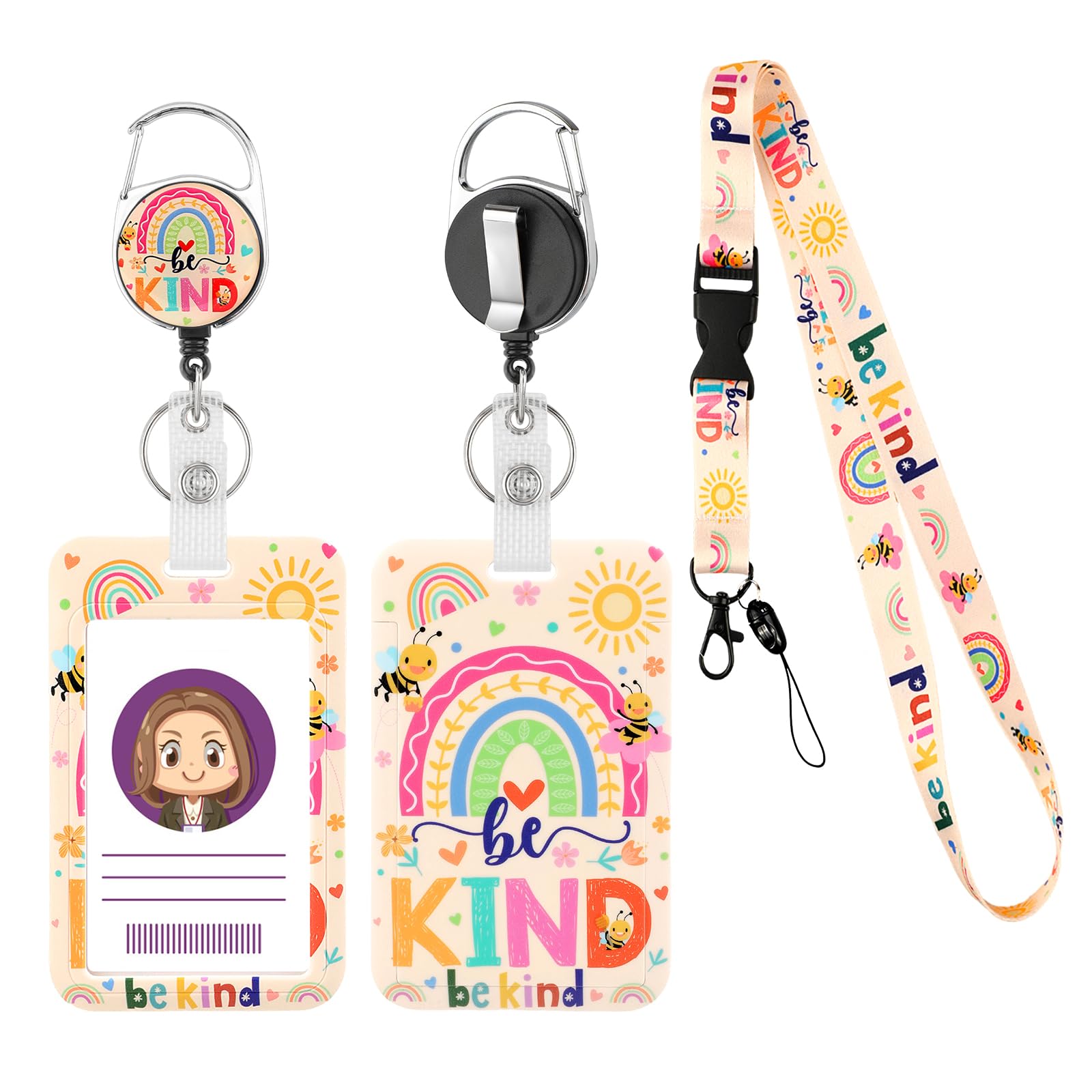 Be Kind Lanyard with Card Holder, Rainbow Badge Holder with Retractable Badge Reel Detachable Cute Rainbow Neck Lanyard for Kids Adults Nurses Teacher Student