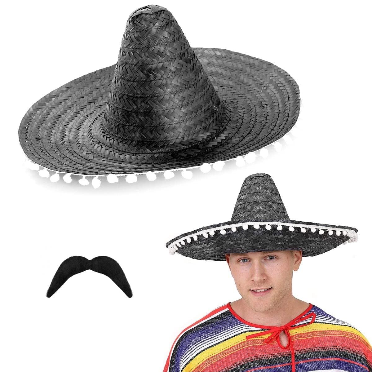 I LOVE FANCY DRESS Mexican Sombreros Accessory Set - Pack of 24 - Black Sombrero with White Pom Poms and Mexican Moustache - Accessories for Mexican Parties Fiesta Party Unisex