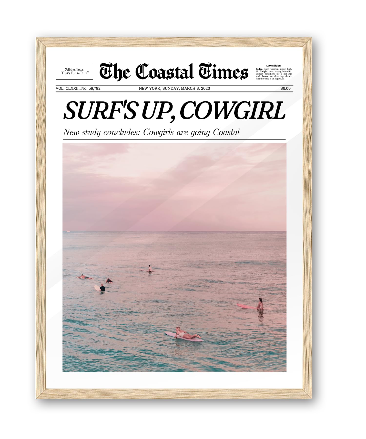 iHery Framed Trendy Coastal Cowgirl NewsPaper Wall Art Prints,Beige OAK Wood 12x16in Canvas Wall Decor For Bedroom,New York News,Western Vintage Bar Cart,Dorm Retro Surfing Up Home Décor 1Pack