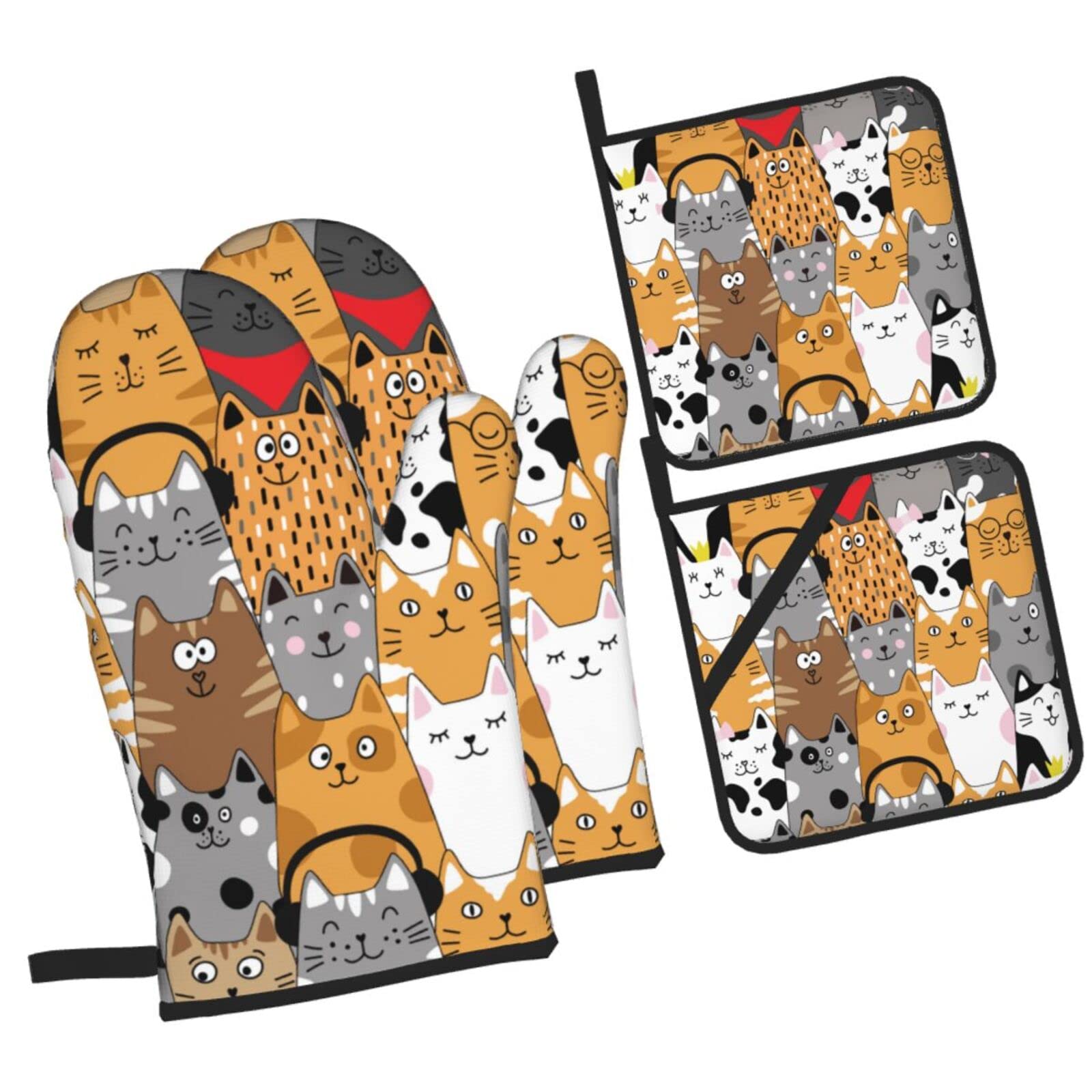 Cute Many Cats Seamless Oven Mitts and Pot Holders Sets, Christmas Oven Mitt Kitchen Heat Resistant Non-Slip Pot Holders Set for Cooking Baking BBQ