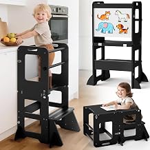 Woodure 4-in-1 Toddler Kitchen Step Stool, Learning Standing Tower with Whiteboard, Wooden Kitchen Stool Helper for Kids, 1-3 Year Old Boy Girl Gifts-Black