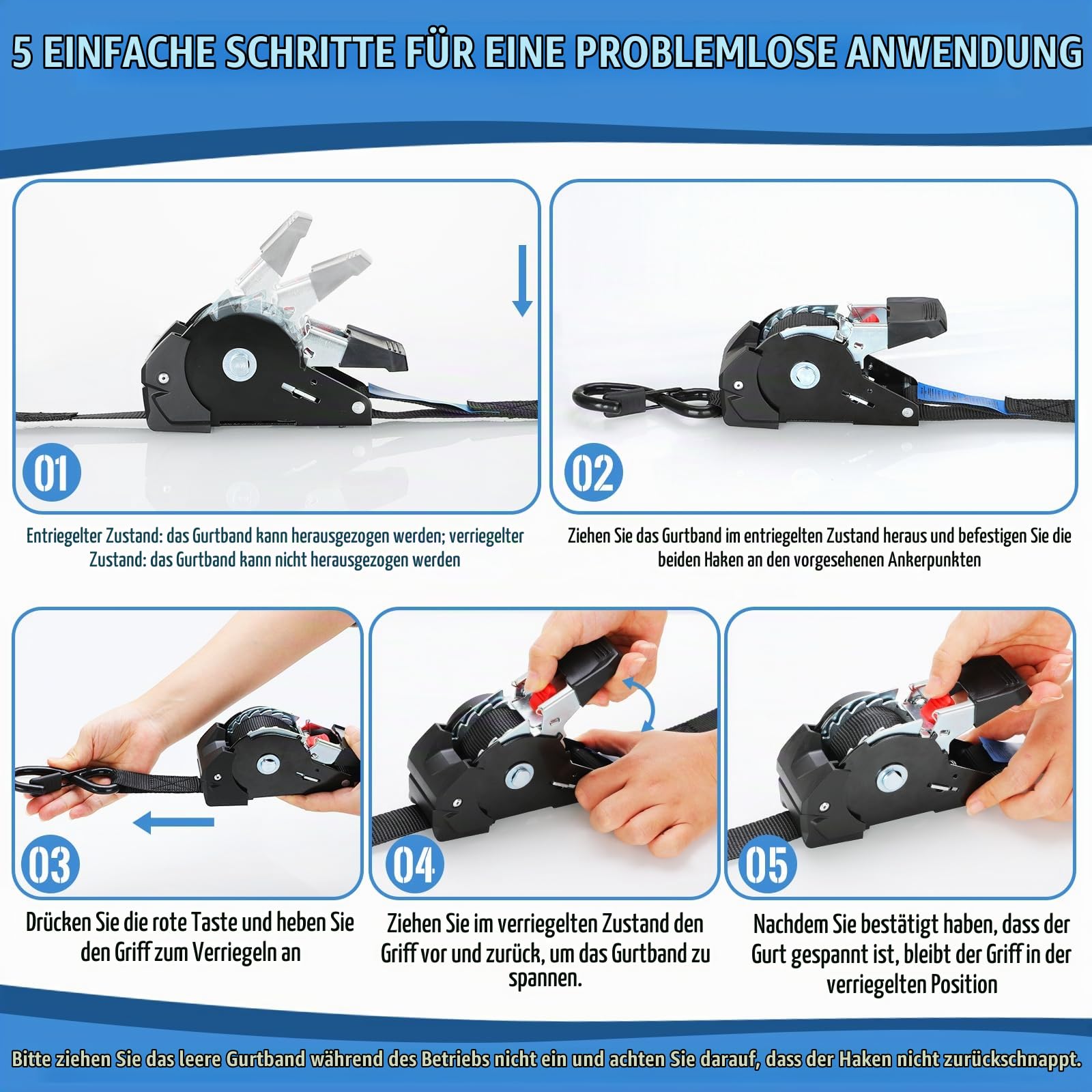 Automatik Spanngurt, 3 m x 25mm, 300 daN | 748 kg Bruchlast, 2 Stück | Selbstaufrollende Spanngurte, Ratschengurt mit S Haken, Zurrgurt für Anhänger, Motorrad, Fahrrad Mehr, Schwarz