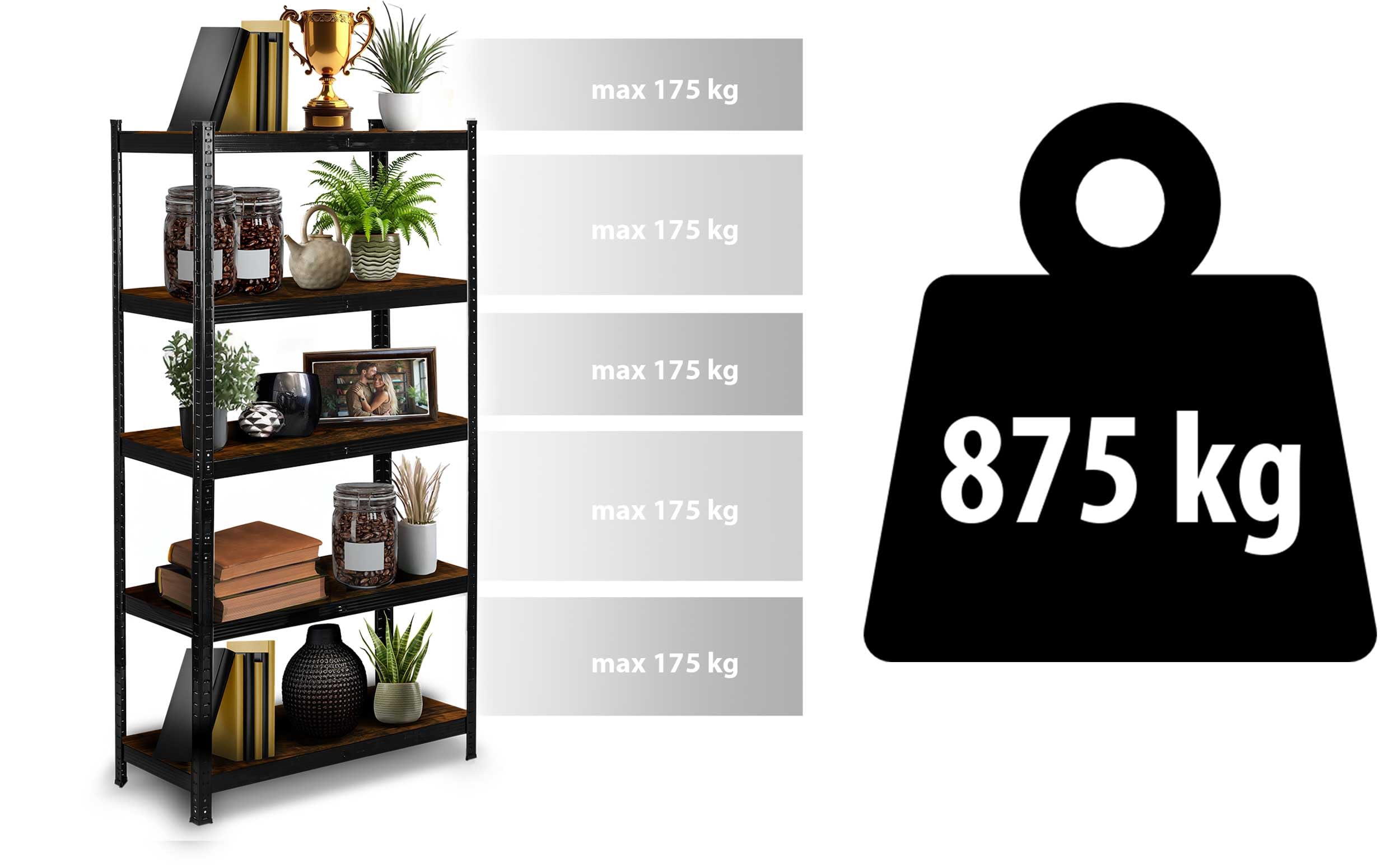 Humberg Regał Magazynowy Metalowy 5-Poziomowy Z Regulowanymi Półkami Maksymalne Obciążenie Do 175 kg Solidny Do Garażu Piwnicy 180 x 90 x 40 cm Brązowy Czarny