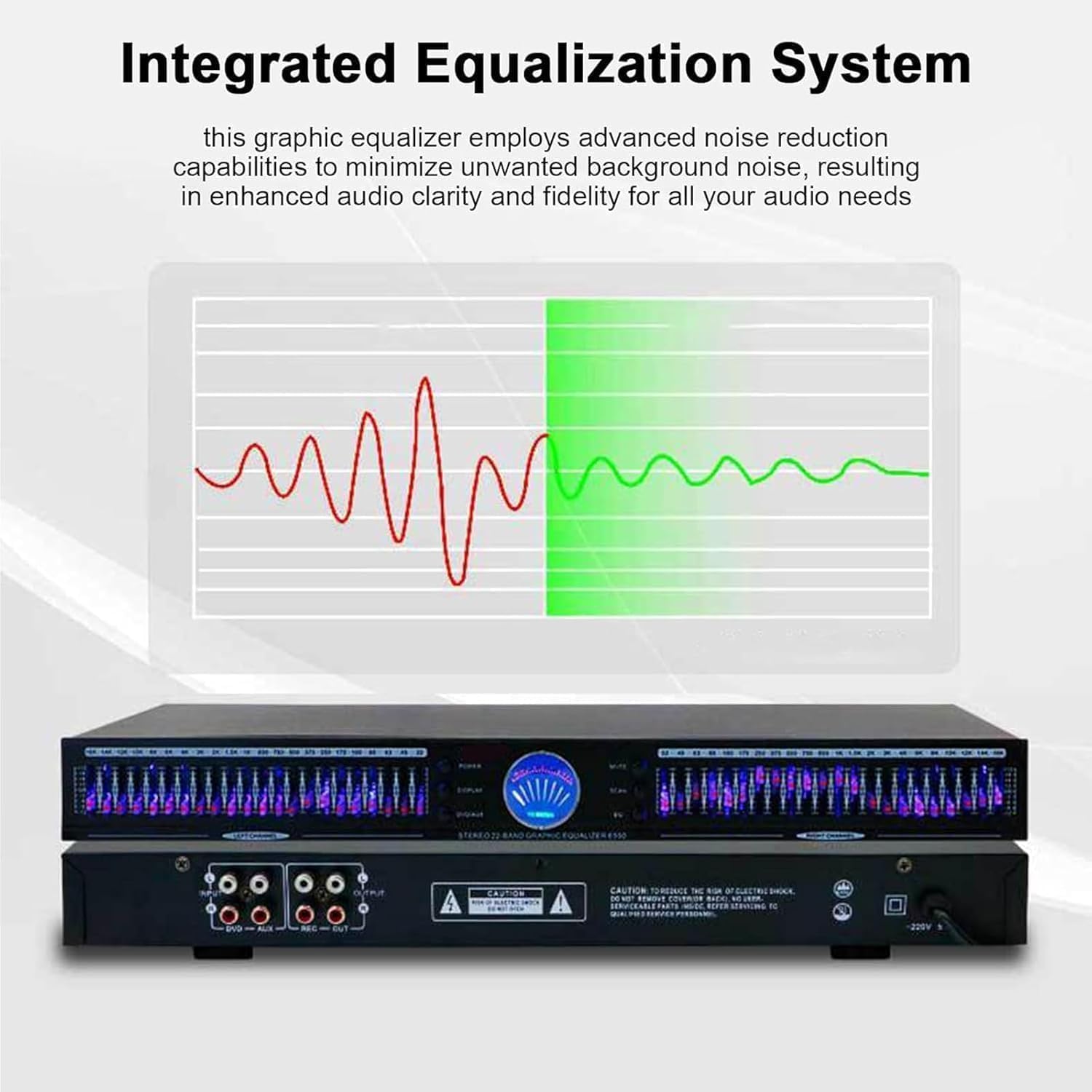 Equalizzatore audio, grafica stereo a doppio canale, 22 bande, 10 effetti preimpostati, regolabile basso/medio/alto, riduzione automatica del rumore, ideale per registrazione e palcoscenico
