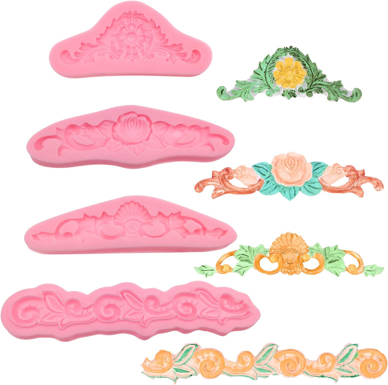 4 Pcs Vintage Photo Frame Fondant Mould Cake Fondant Embossing Mold Fondant Paste Silicone Mould Silicone Lace Embossed Mold Vintage Baroque Silicone Mat for Cake Fondant Decorating DIY Moulds