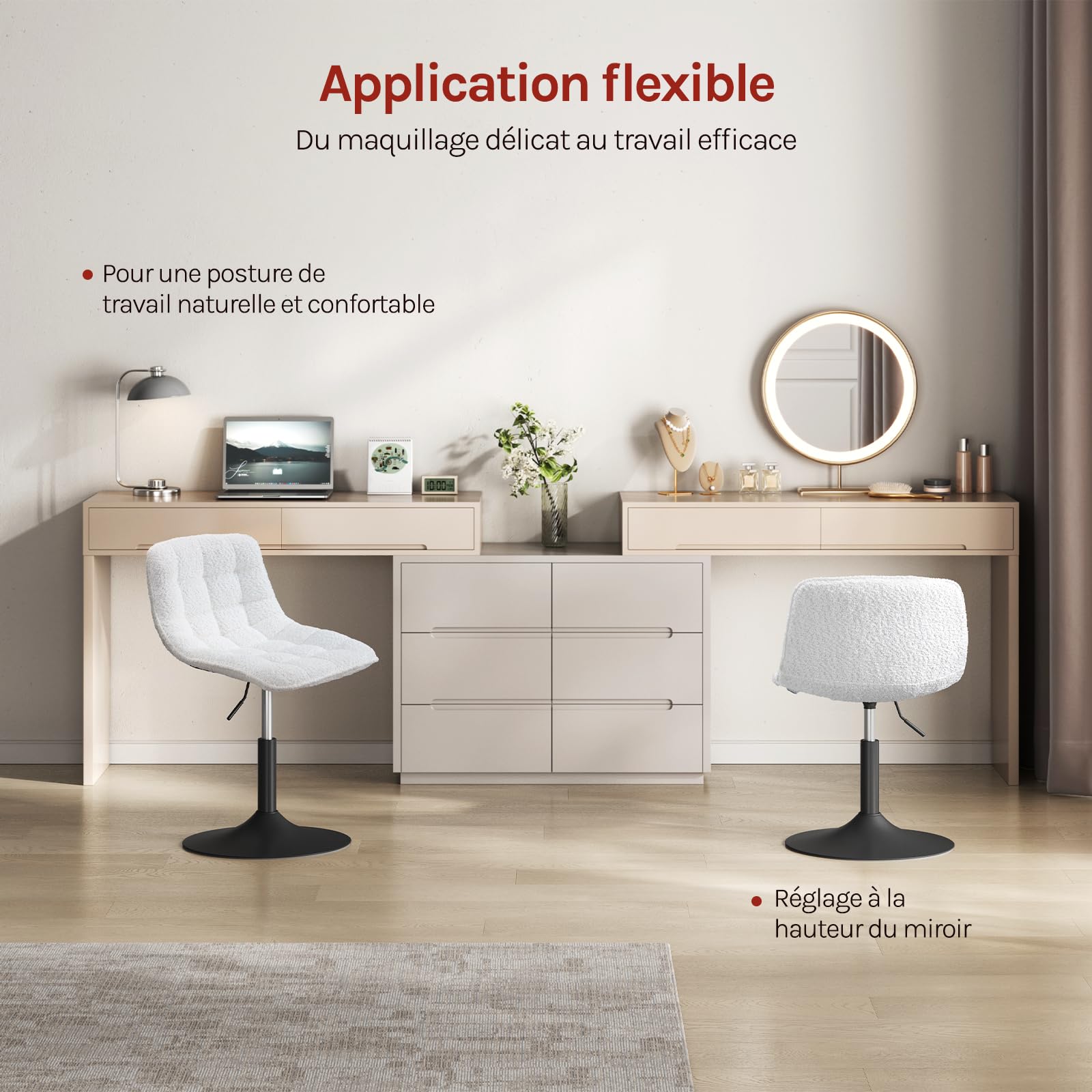 WOLTU Tabouret de Coiffeuse, Chaise de Maquillage Pivotante avec Dossier et Réglable en Hauteur, pour Salon, Chambre à Coucher, Salle à Manger, Bureau à Domicile, Chenille, Blanc