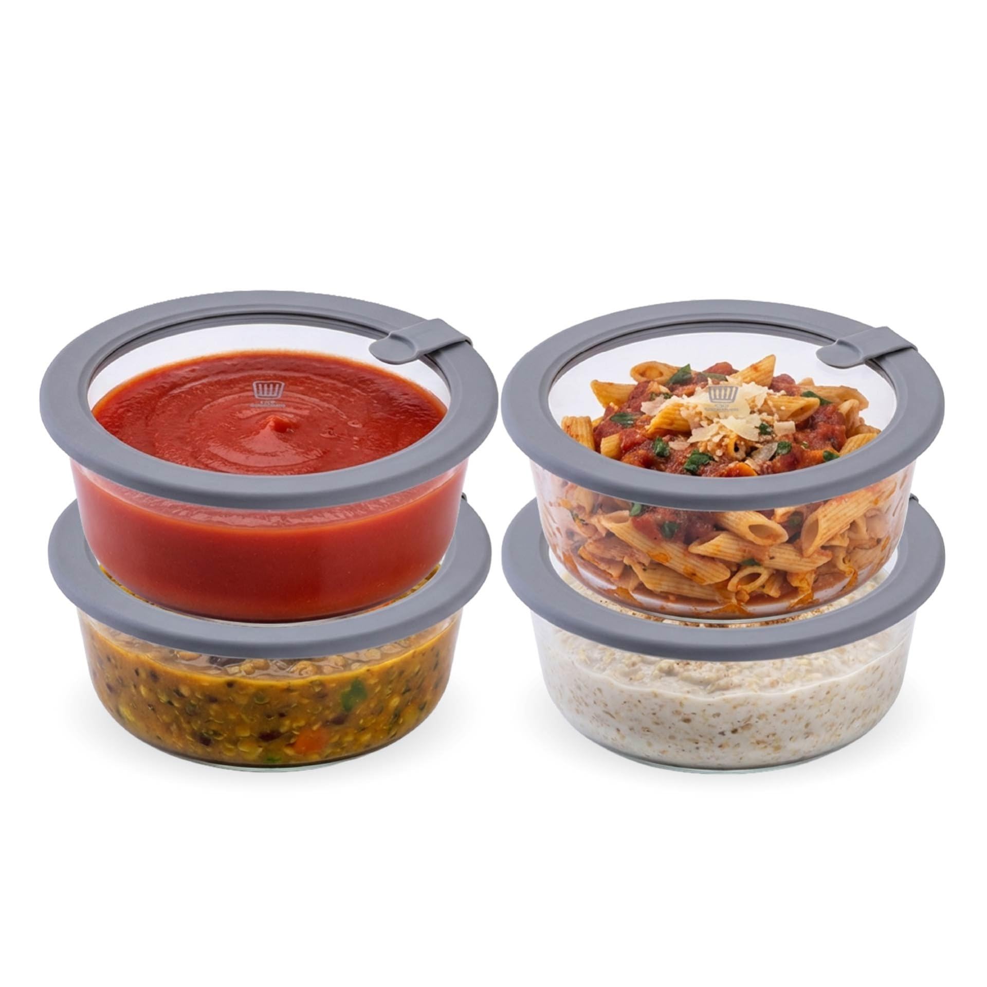 FACKELMANN Chefkoch trifft 4er Set Vorratsdose mit Glasdeckel – 950ml, Frischhaltedose aus Borosilikatglas, rund, mikrowellen-, backofen- und gefrierfest, luftdicht & auslaufsicher