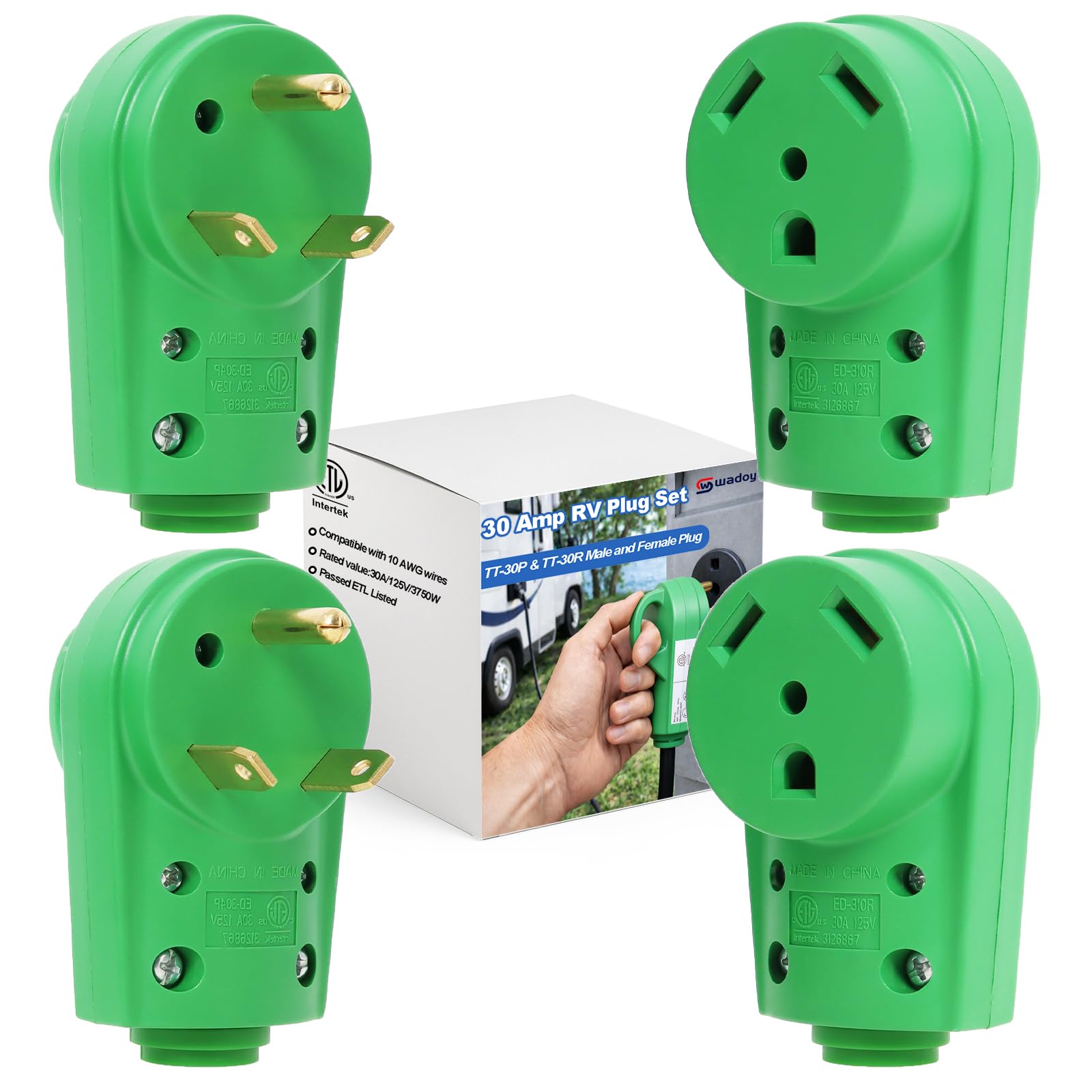 30 Amp RV Plug Set Green (2 Sets) - Upgraded TT-30P Male & TT-30R Female Connectors, 125 Volt Heavy Duty Electrical Camper Plugs, ETL Listed for RVs,