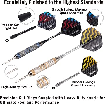 Turnart Darts Metal Tip Set - Steel Tip Darts Darts Set Professional Metal Darts Dart Board Set 12 Pcs 24 Gram 20 O-Rings Aluminum Darts Shafts 24 Extra Flights Darts Tool