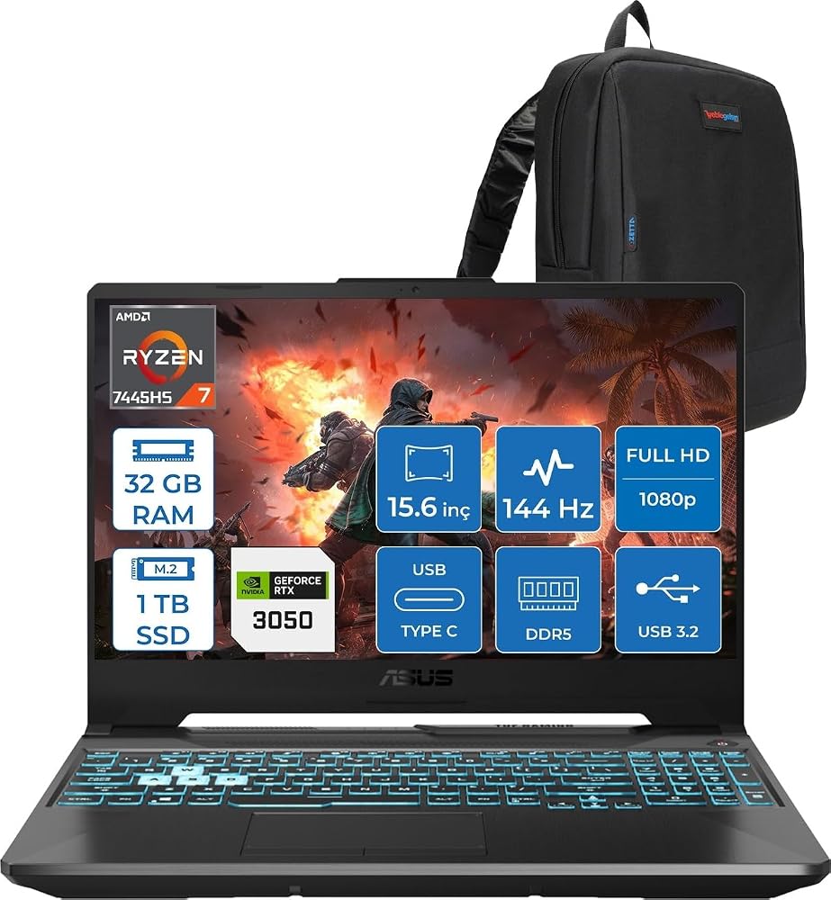 Asus Tuf Gaming A15 – FA506NCG Amd Ryzen 7-7445HS 32GB Ddr5 1tb SSD Rtx 3050/4GB 75W 15.6 Inç Full Hd 144Hz Ips-Level Freedos Gaming Bilgisayar HN206AF13+ZETTAÇANTA