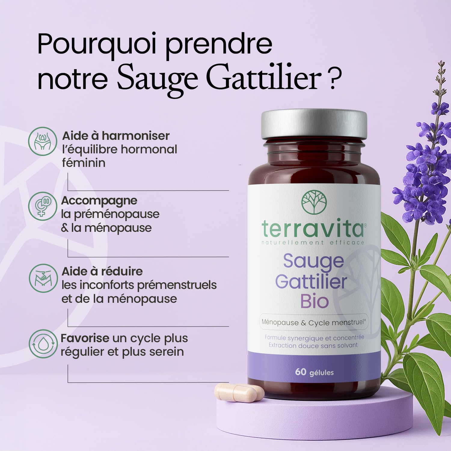 Sauge Gattilier Bio | Complément Ménopause Naturel sans Hormones | Bouffées de Chaleur, Fatigue, Stress et Variations d’Humeur | 2 Mois de Cure | 60 Gélules | Fabriqué en France | Terravita