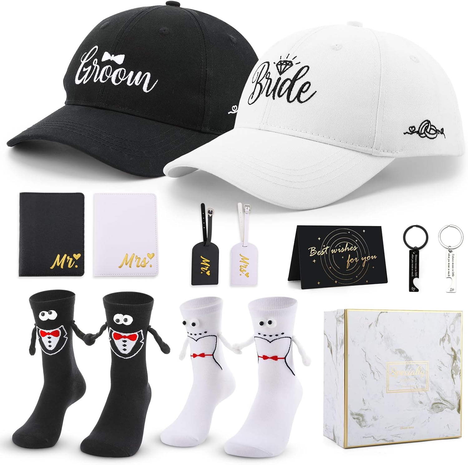 12 Pack Wedding and Engagement Gift for Couples, Bride and Groom Baseball Caps Magnetic Couple Socks for Bridal Wedding Honeymoon Trip Travel Men Women Gift