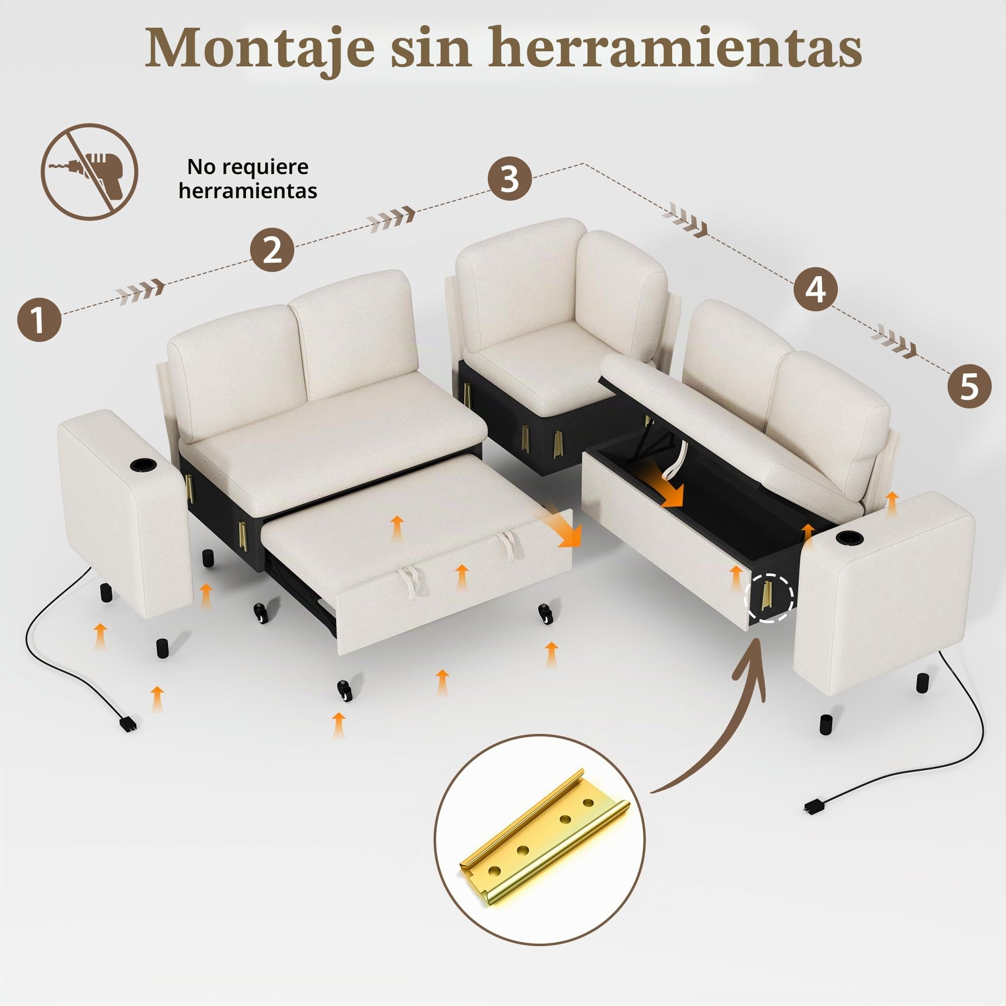 Sofá esquinero modular de 5 plazas en forma de L con función de cama, chaise longue con almacenamiento y puerto de carga USB, cama extraíble, respaldo ajustable, tela de cachemira, beige y