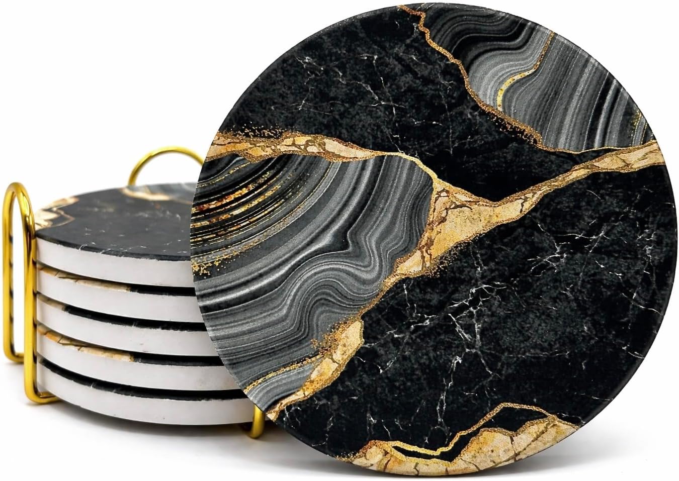 Luxury Black & Gold Marble Ceramic Coasters - Set of 6 with Gold Metal Holder - Premium Round Drink Coasters for Coffee, Tea, Whiskey, Wine - Stylish Home & Kitchen Decor