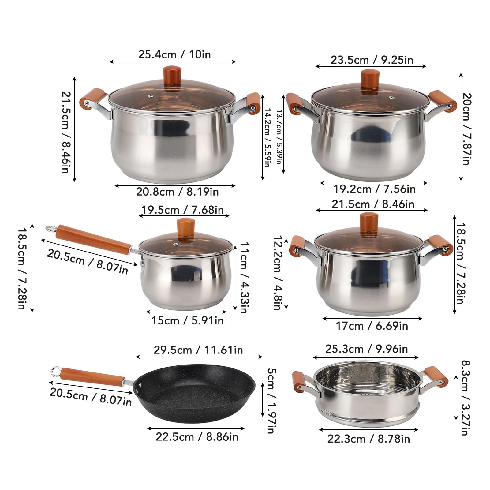 Juego de utensilios de cocina profesionales de acero inoxidable con mangos de madera, ollas y sartenes de cocina de 5 piezas para cocinar sopa hirviendo al vapor, utensilio