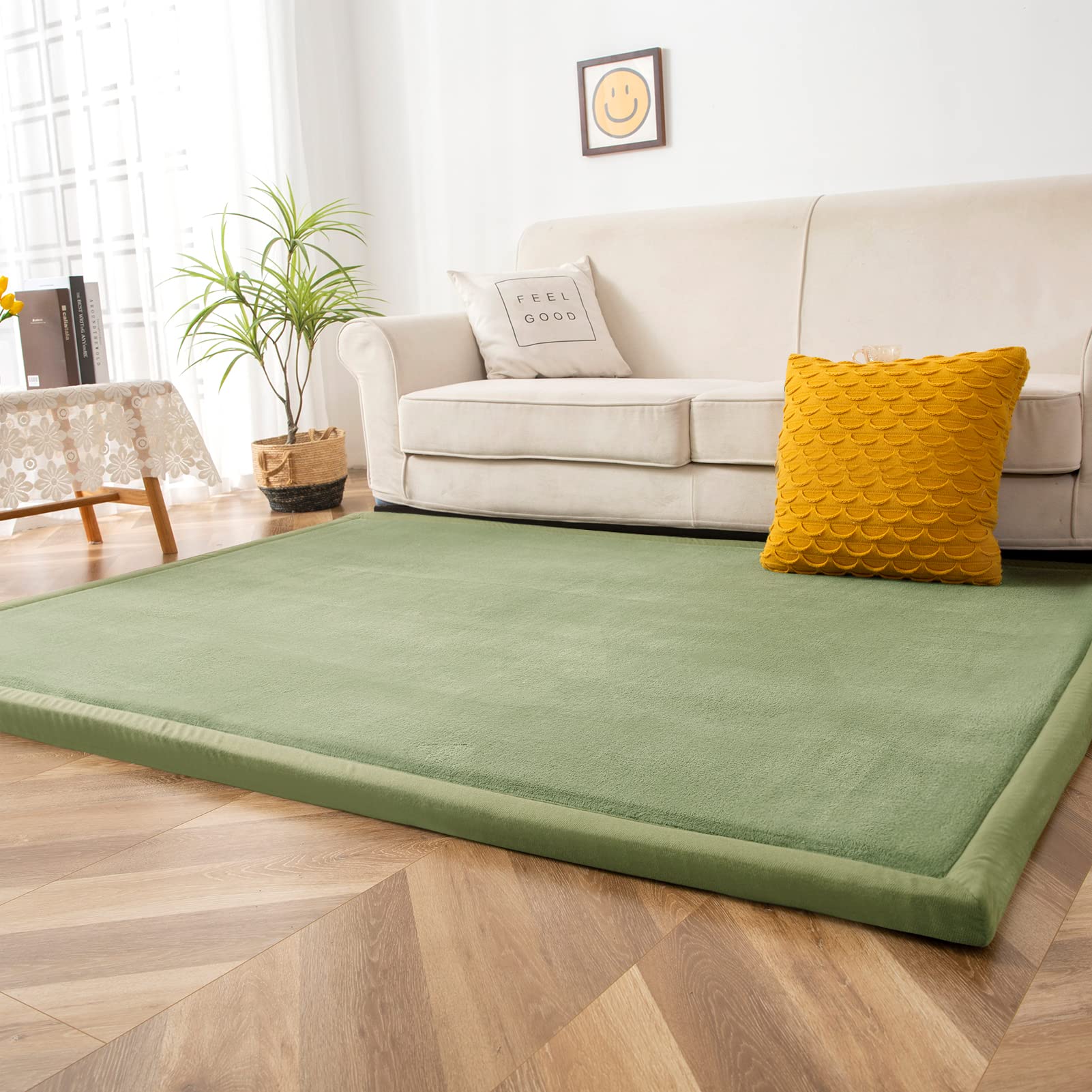 BYBYME Tapis en velours, corail épais, extra épais, 3 cm, antidérapant, pour enfants et bébés, tapis d'éveil doux (vert clair, 200 × 200 cm)