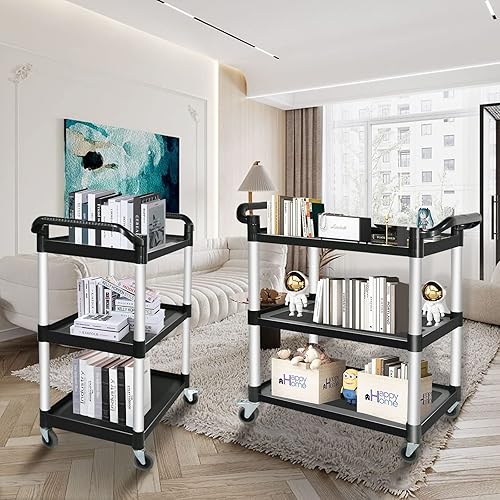 Miniatura 7 de Carros utilitarios de plástico con ruedas, carrito de restaurante de 3 niveles, carrito de servicio de alimentos resistente 420 libras, carrito de