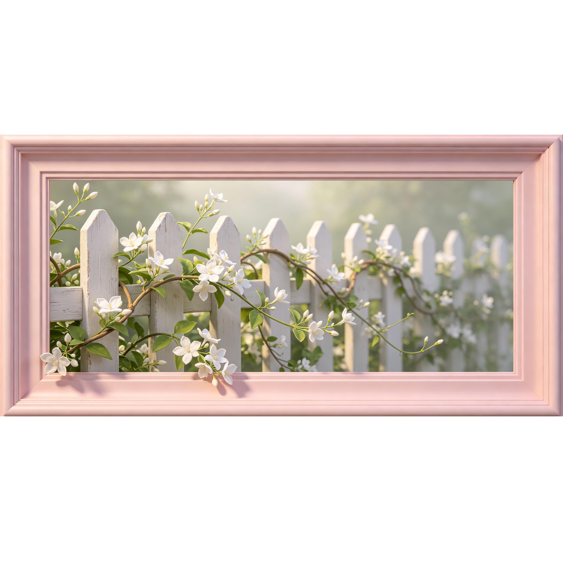Agglomerix 3D Framed Wall Art White Picket Fence Jasmine Vine Farmhouse Floral Large Size SelfAdhesive Removable Wall Decor Prints Artwork for Living Room Bedroom Office