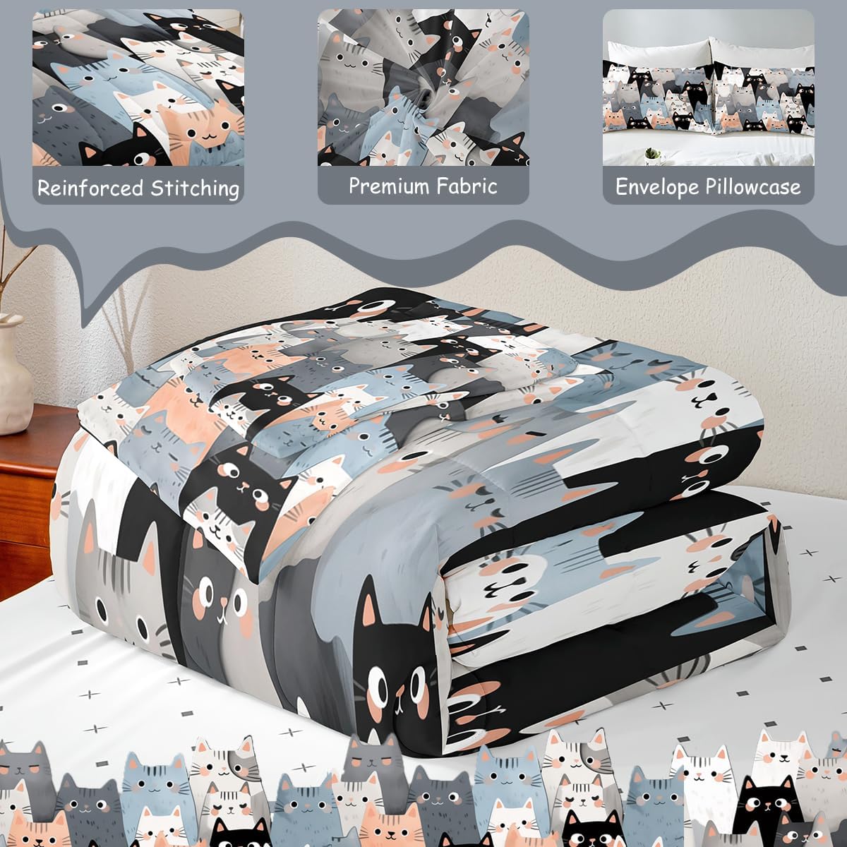 jejeloiu Cute Cat Print Comforter Set Full Size Cartoon Cats Bedding Set for Kids Boys Girls Kawai Animals Duvet Quilt Bedroom Decor Microfiber 3 Pcs with 2 Pillow Cases