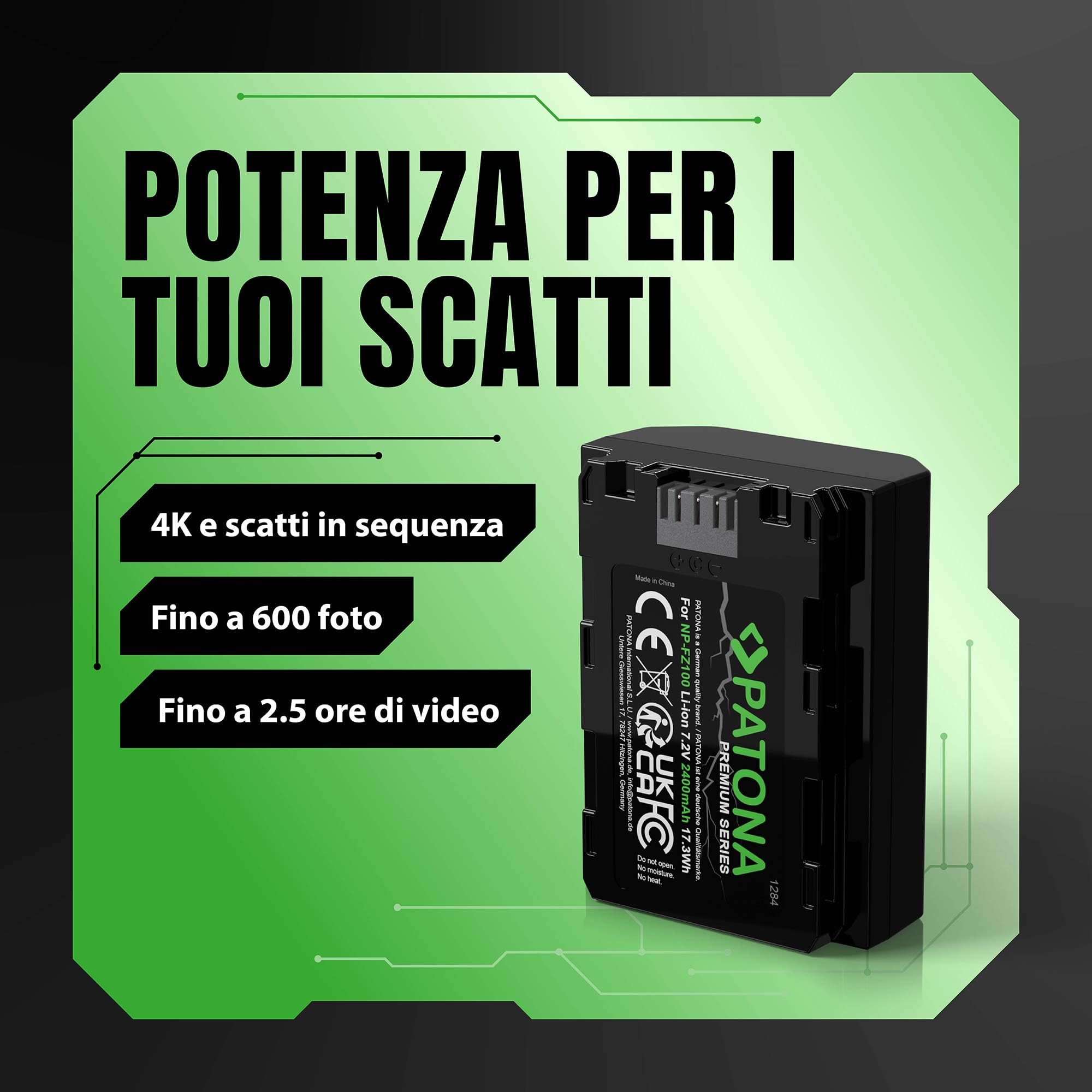 PATONA 2x Premium Batteria NP-FZ100 2400mAh – ricambio per Sony Alpha 6600 6700 7 III/IV 7C II 7CR 7R IV/V A1 FX3 FX30 ZV-E1 – la scelta conveniente per la piattaforma FZ100