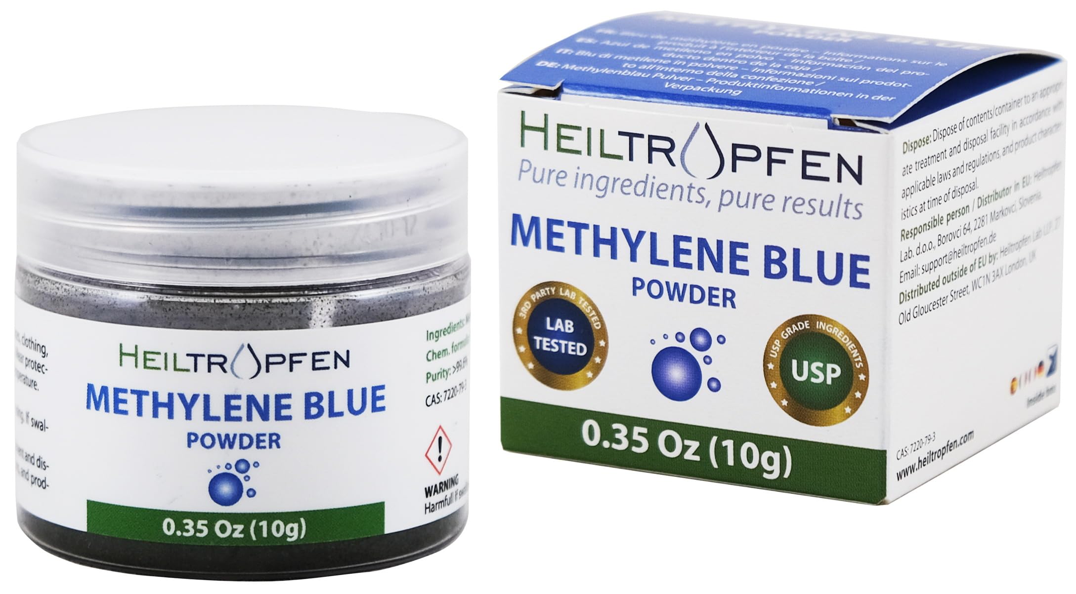 Polvere di blu di metilene 10 g | Purezza ultra elevata | Ingredienti di grado farmaceutico USP - Testati da terze parti | Senza formaldeide | Cucchiaio incluso | Heiltropfen®