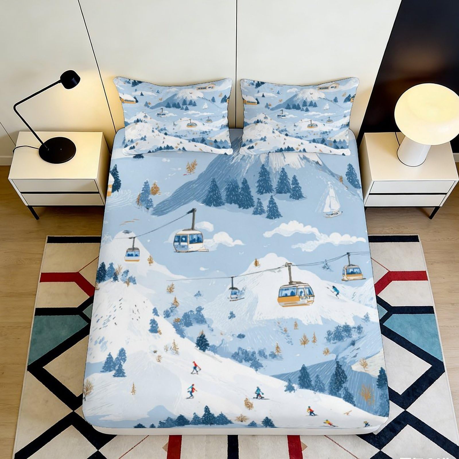 3D Printed Ski Mountain Fitted Sheet Microfiber Anti-Slip Snow Cable Car Mattress Cover for Bedroom Guestroom Decor 160x200x25cm