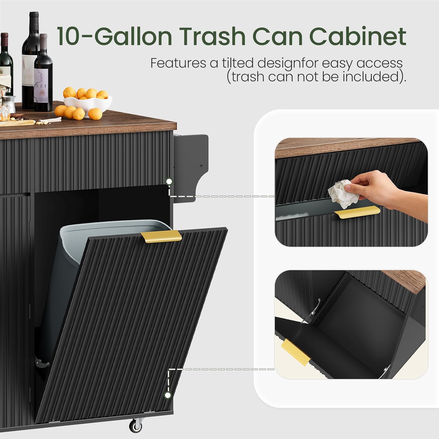 Mobile Kitchen Island with Folding Drop Leaf Countertop, Rolling Kitchen Island Cart with Trash Can Storage, Drawers, Adjustable Shelf, Spice Rack, for Dining Room, Black and Walnut MZD08BL