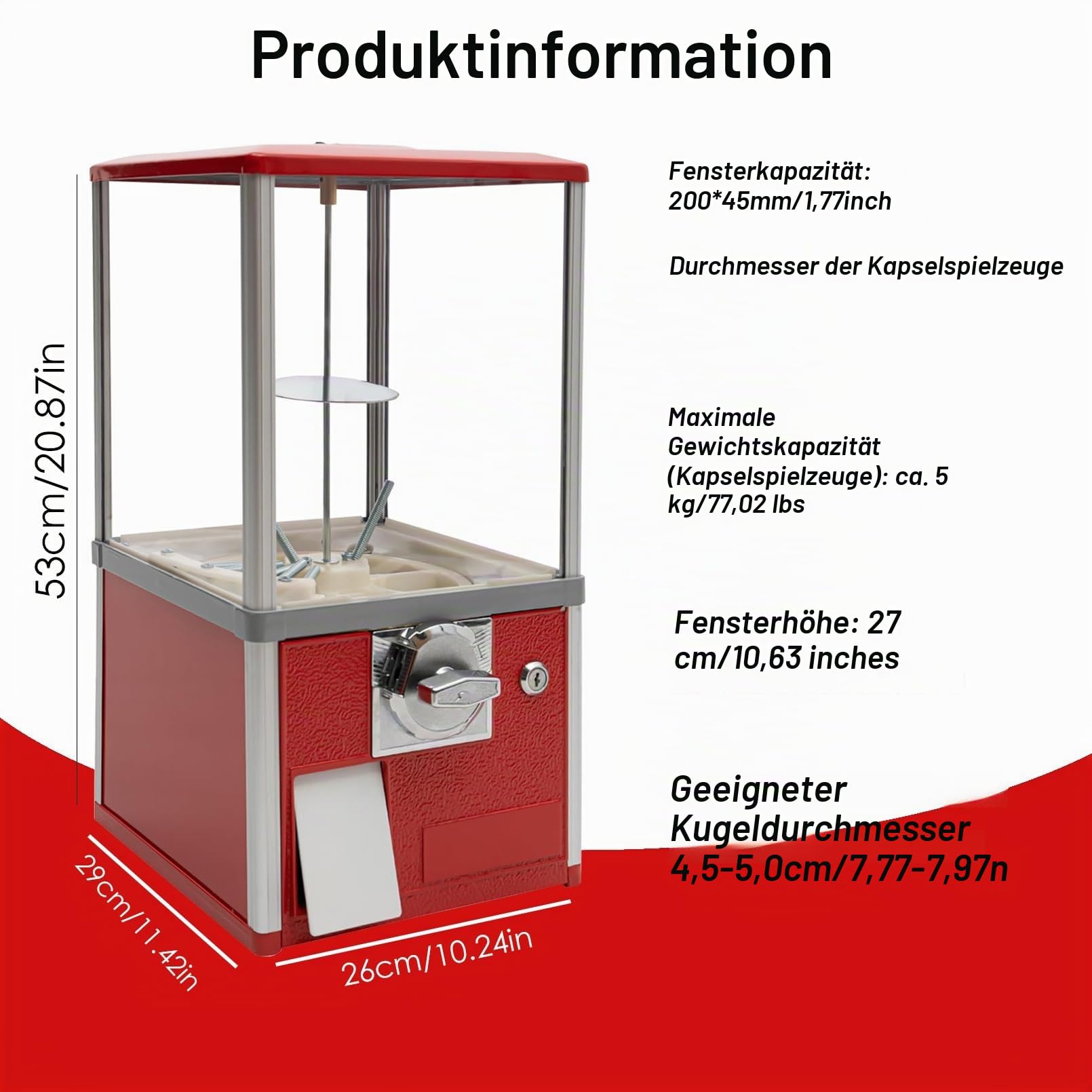 Verkaufsautomat mit Münzeinwurf,Großer Bonbon und Kaugummiautomat,Münzbetriebener Süßigkeitenautomat,Automatischer Kapsel Automat für Einzelhandelsgeschäfte,für Kapselspielzeug mit 4,5-5,5cm(Red,1 EUR